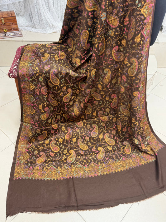 Pashmina Shawl | Hand Embroidery on Print Beautiful Shawl | Brown