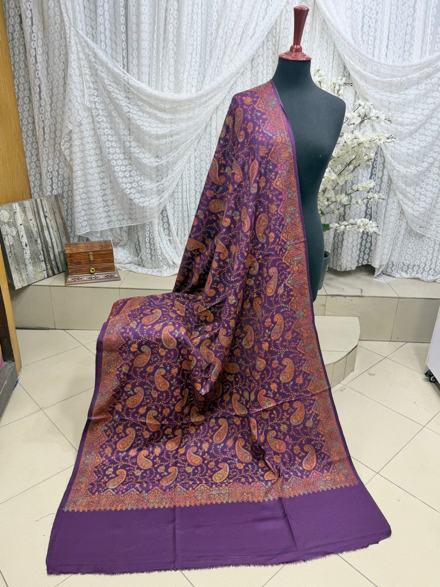 Pashmina Shawl | Hand Embroidery on Print Beautiful Shawl | Purple