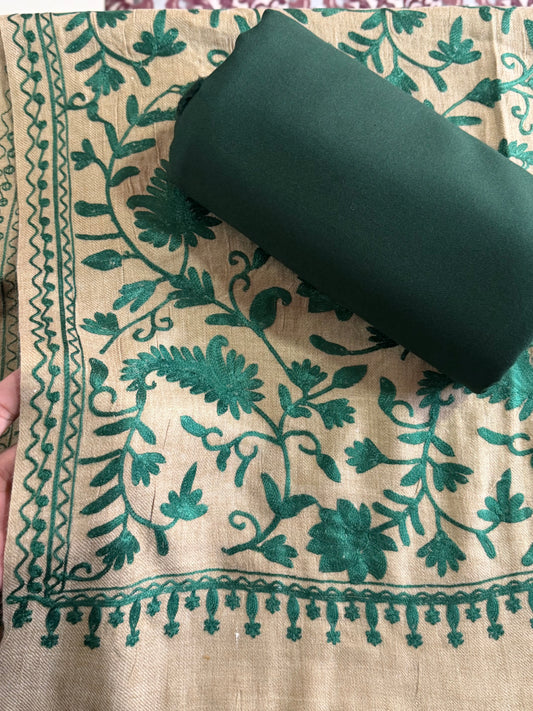 Pashmina 3 Piece Suit | Embroidered Shawl with Plain Suit Marina | Skin Green