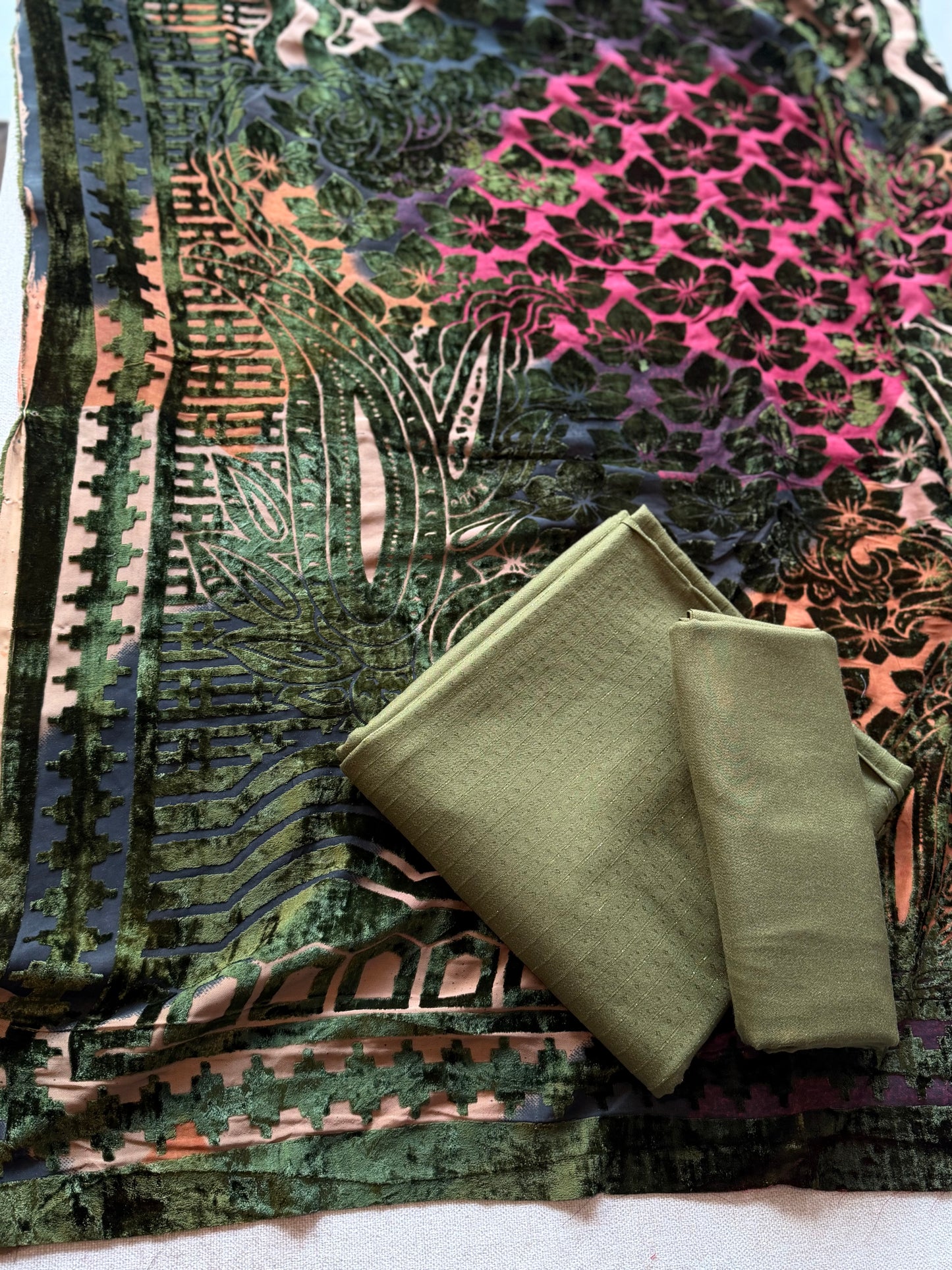 3 Piece Suit | Moonlight Marina with Velvet Palachi Shawl | Mehndi Green