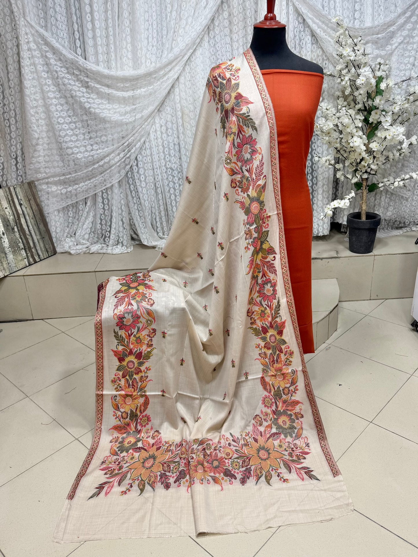 3 Piece Kani Shawl Suit | Plain Marina Suit With Kani Gulab Border Pashmina Shawl
