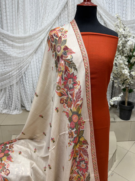 3 Piece Kani Shawl Suit | Plain Marina Suit With Kani Gulab Border Pashmina Shawl