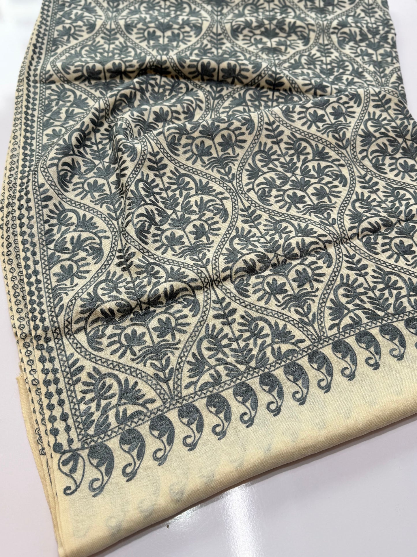 Pashmina Embroidered Shawl Matka Design | Skin With Grey