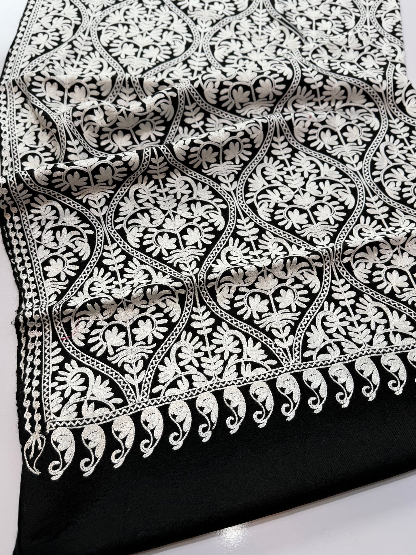 Pashmina Embroidered Shawl Matka Design | Black Shawl White Embroidery
