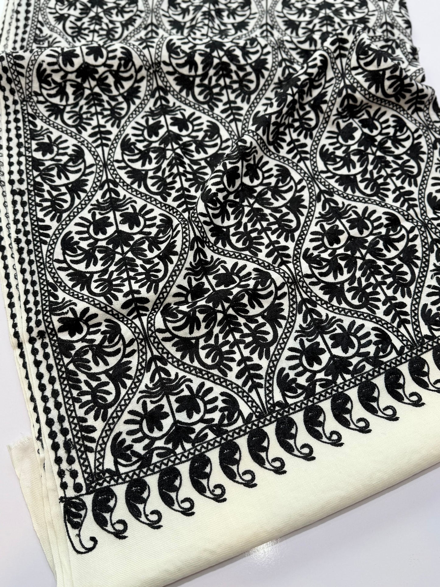 Pashmina Embroidered Shawl Matka Design | White Shawl Black Embroidery