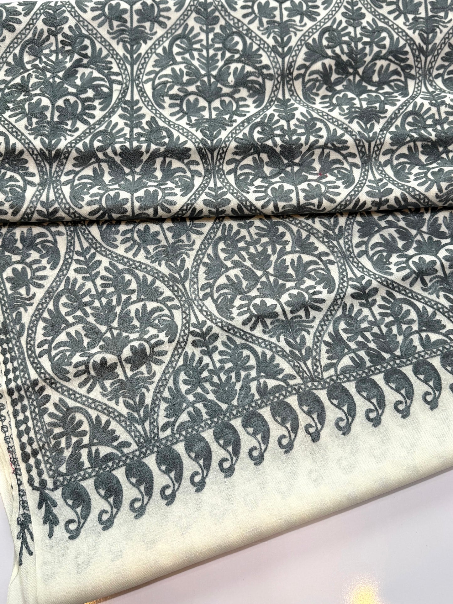 Pashmina Embroidered Shawl Matka Design | White With Grey