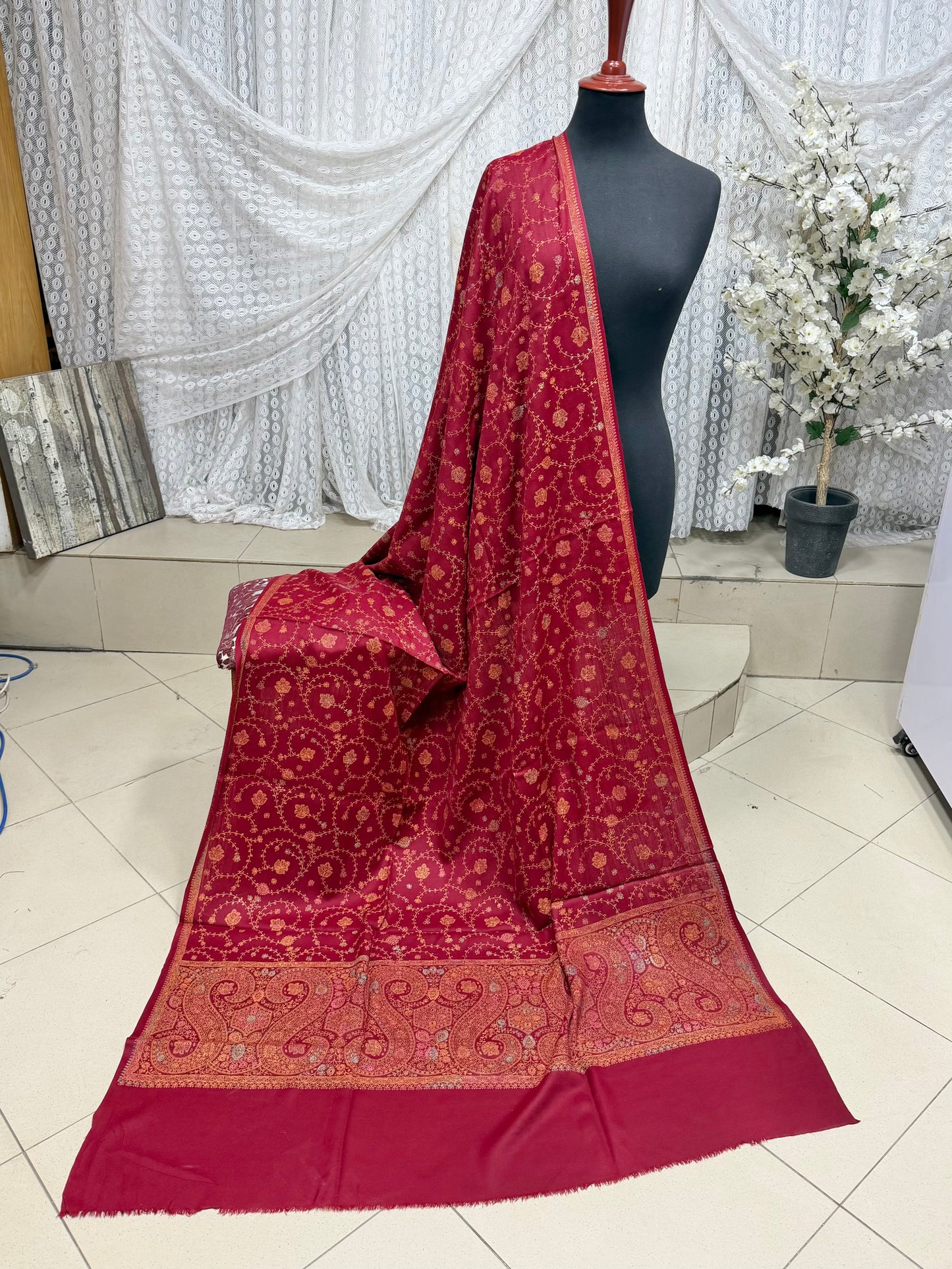 Pashmina Shawl | Hand Embroidery on Print Beautiful Shawl | Maroon