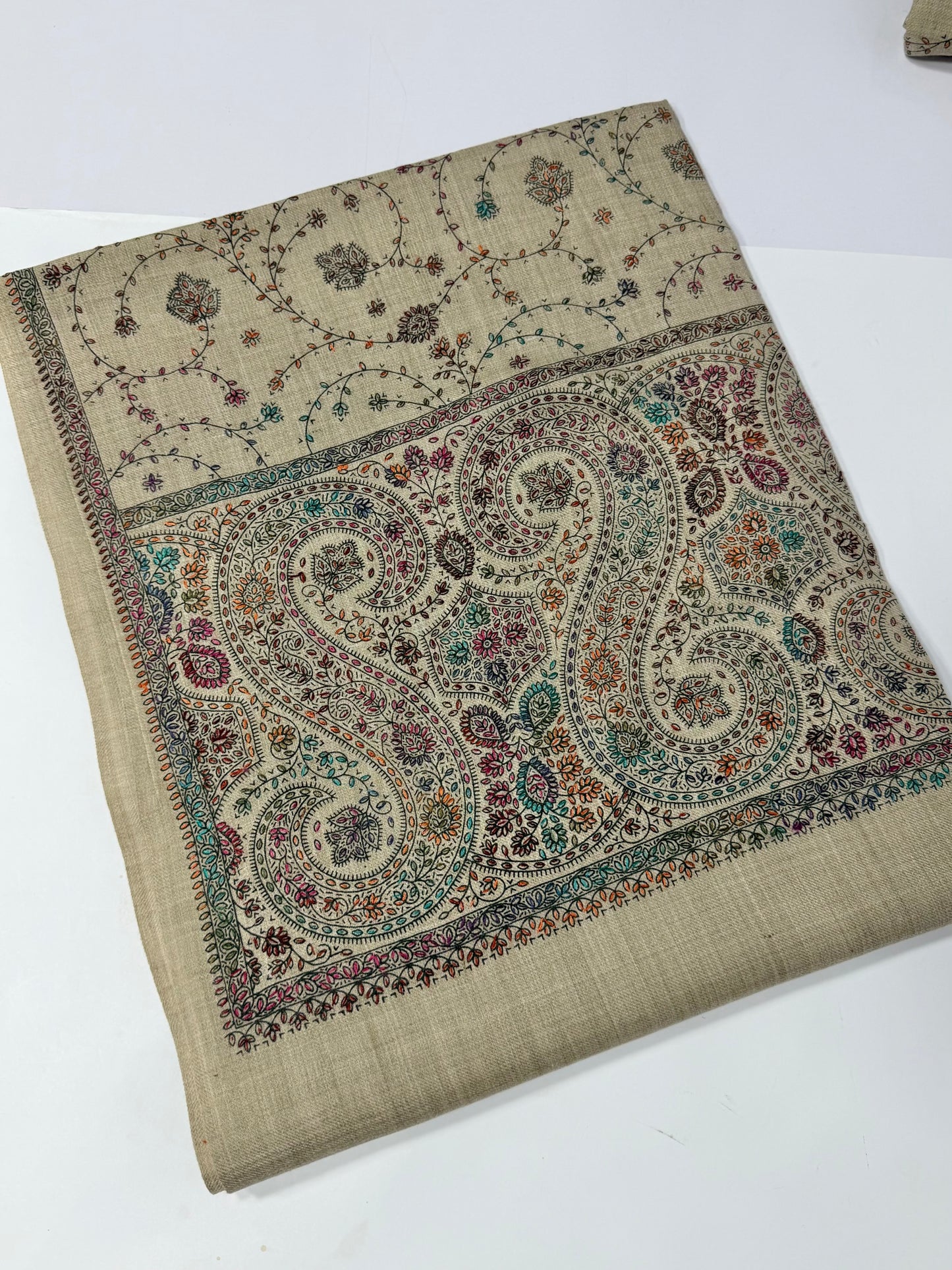 Pashmina Shawl | Hand Embroidery on Print Beautiful Shawl | Skin Grey