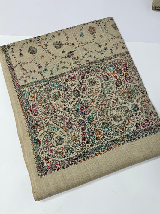 Pashmina Shawl | Hand Embroidery on Print Beautiful Shawl | Skin Grey