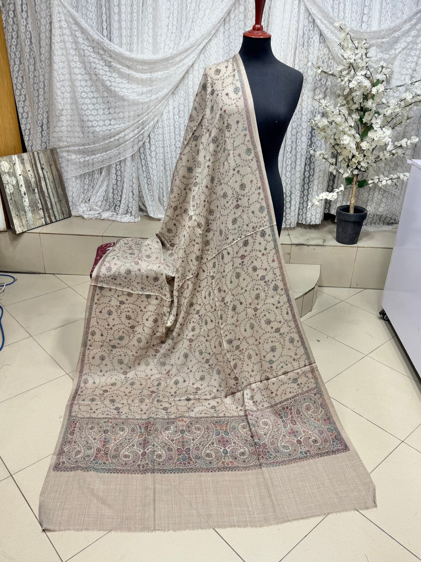 Pashmina Shawl | Hand Embroidery on Print Beautiful Shawl | Skin Grey