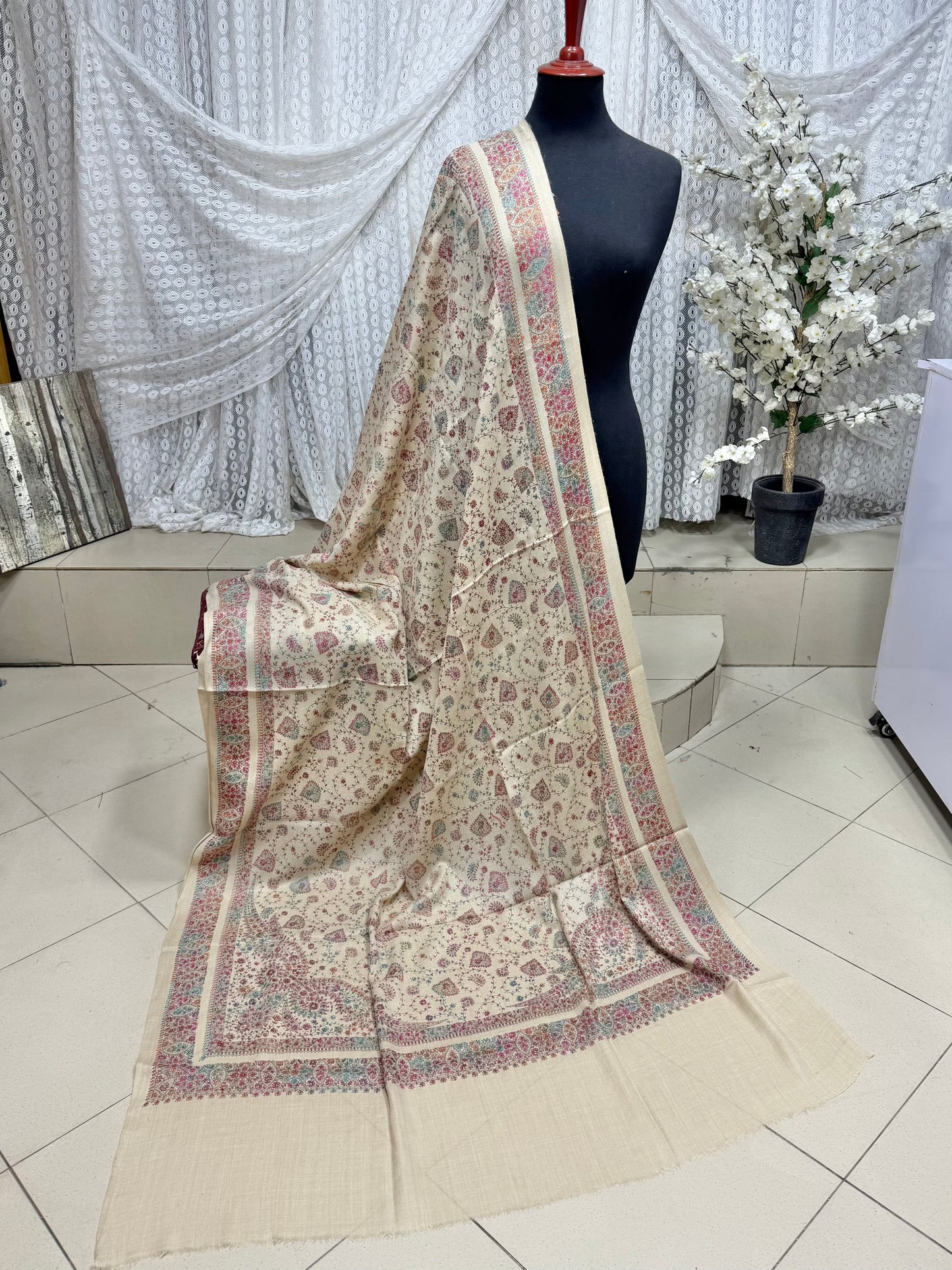 Pashmina Shawl | Hand Embroidery on Print Beautiful Shawl | Light Skin