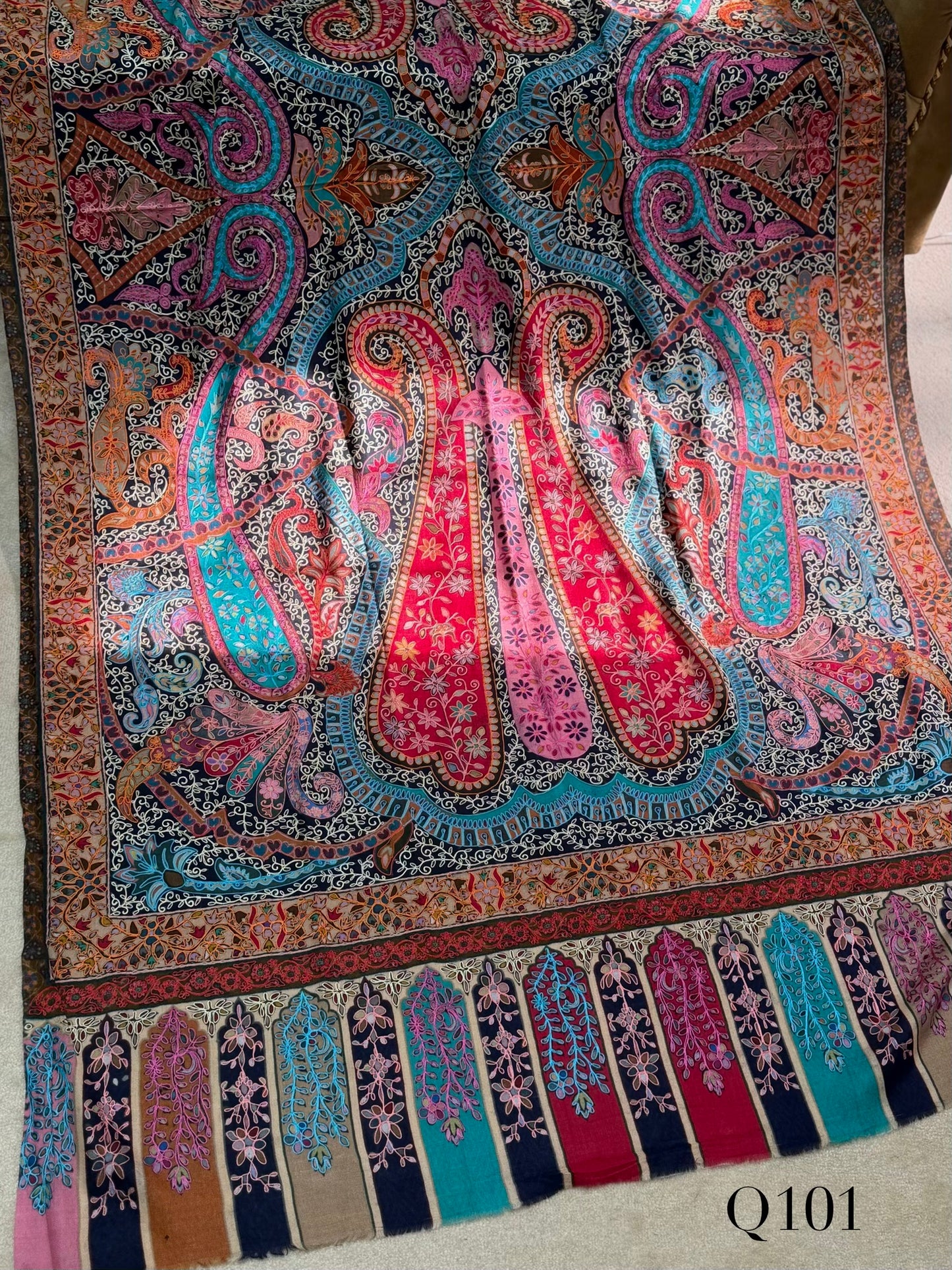 Qalamkar Shawl on Toosh Base | Made in Kashmir Multicolor Floral Design | QM101