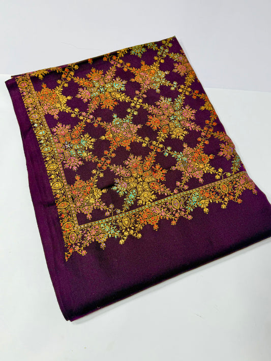 Pashmina Shawl | Hand Embroidery on Print Beautiful Shawl | Dark Purple
