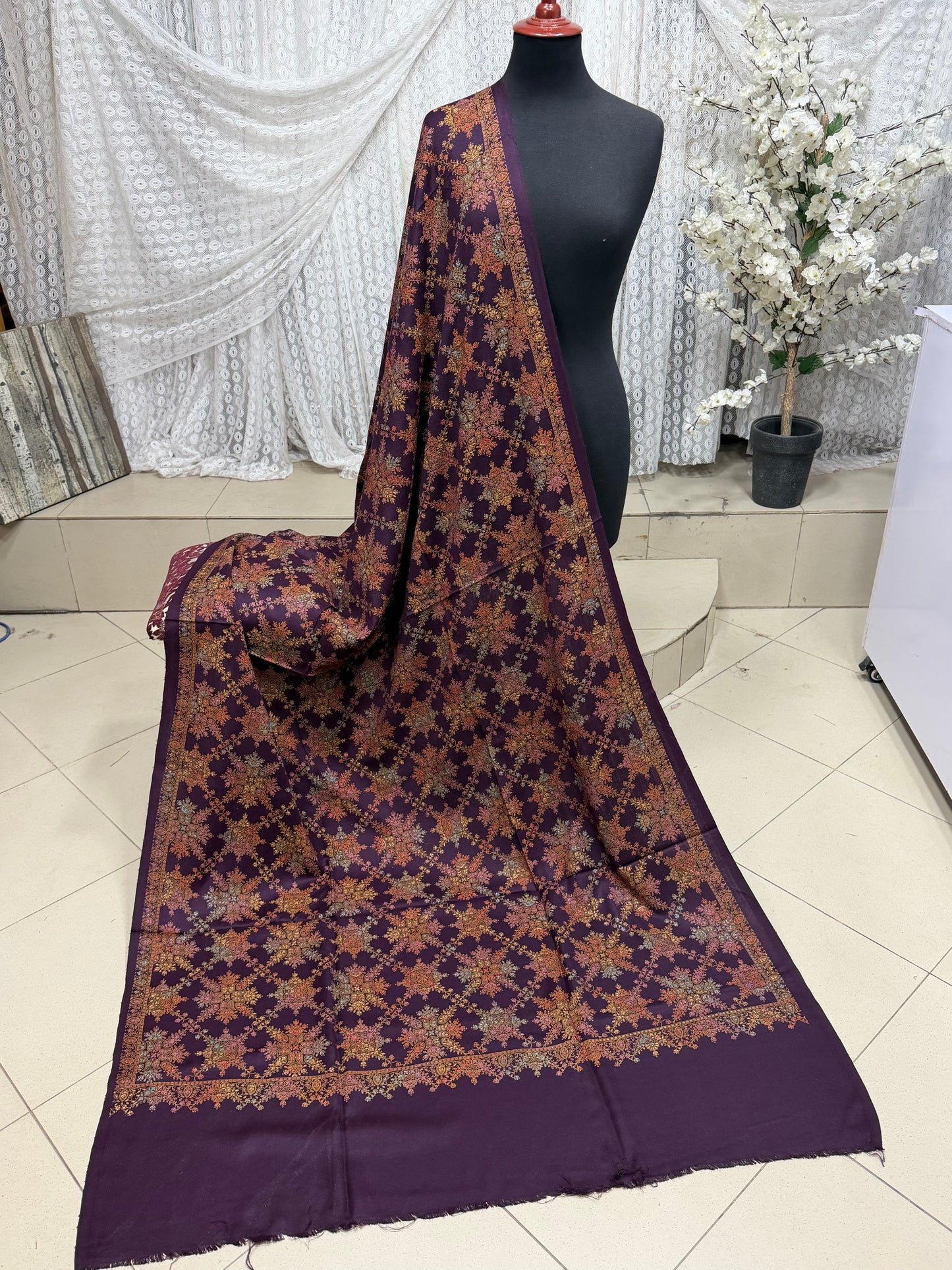 Pashmina Shawl | Hand Embroidery on Print Beautiful Shawl | Dark Purple
