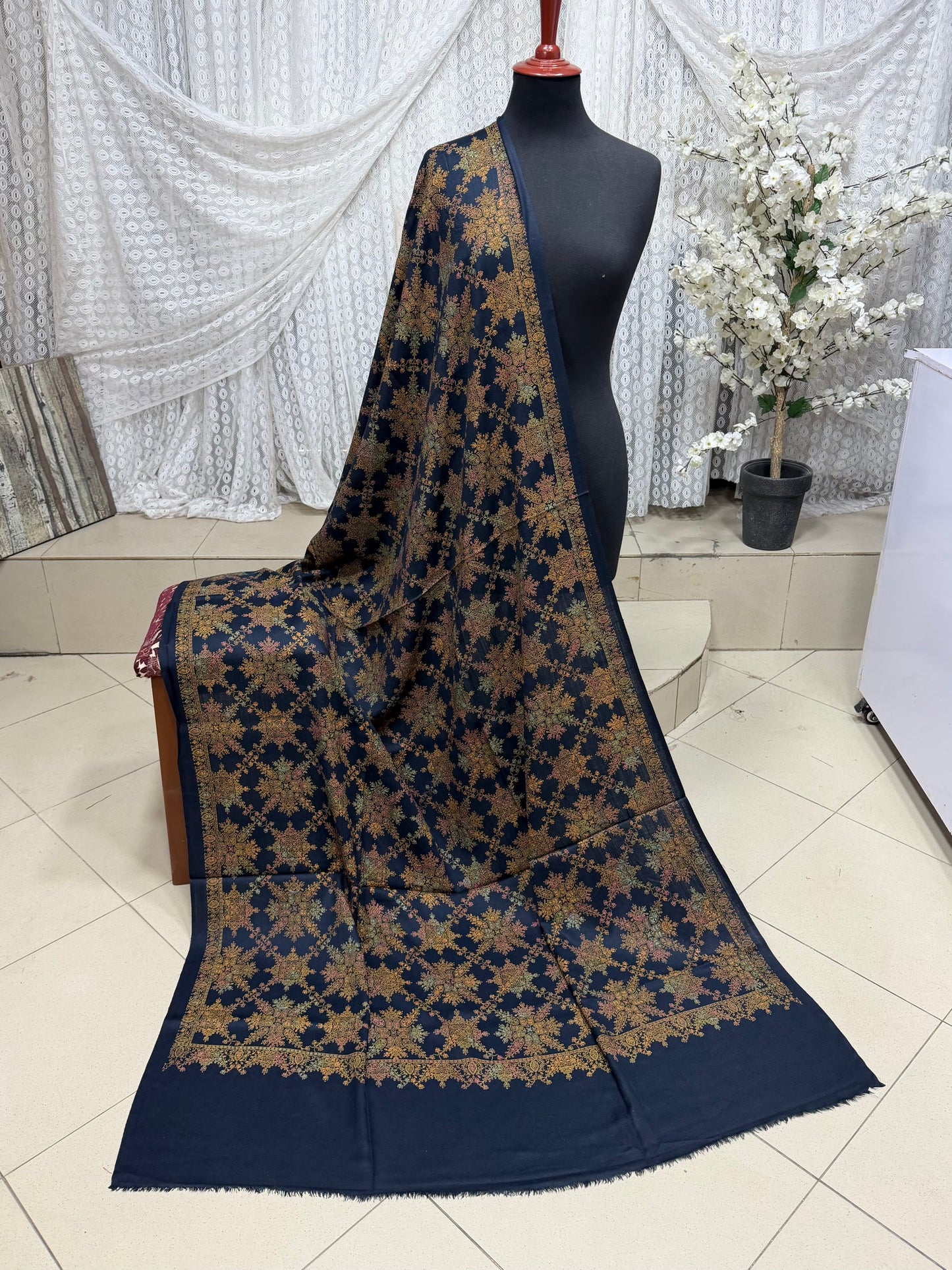 Pashmina Shawl | Hand Embroidery on Print Beautiful Shawl | Navy Blue