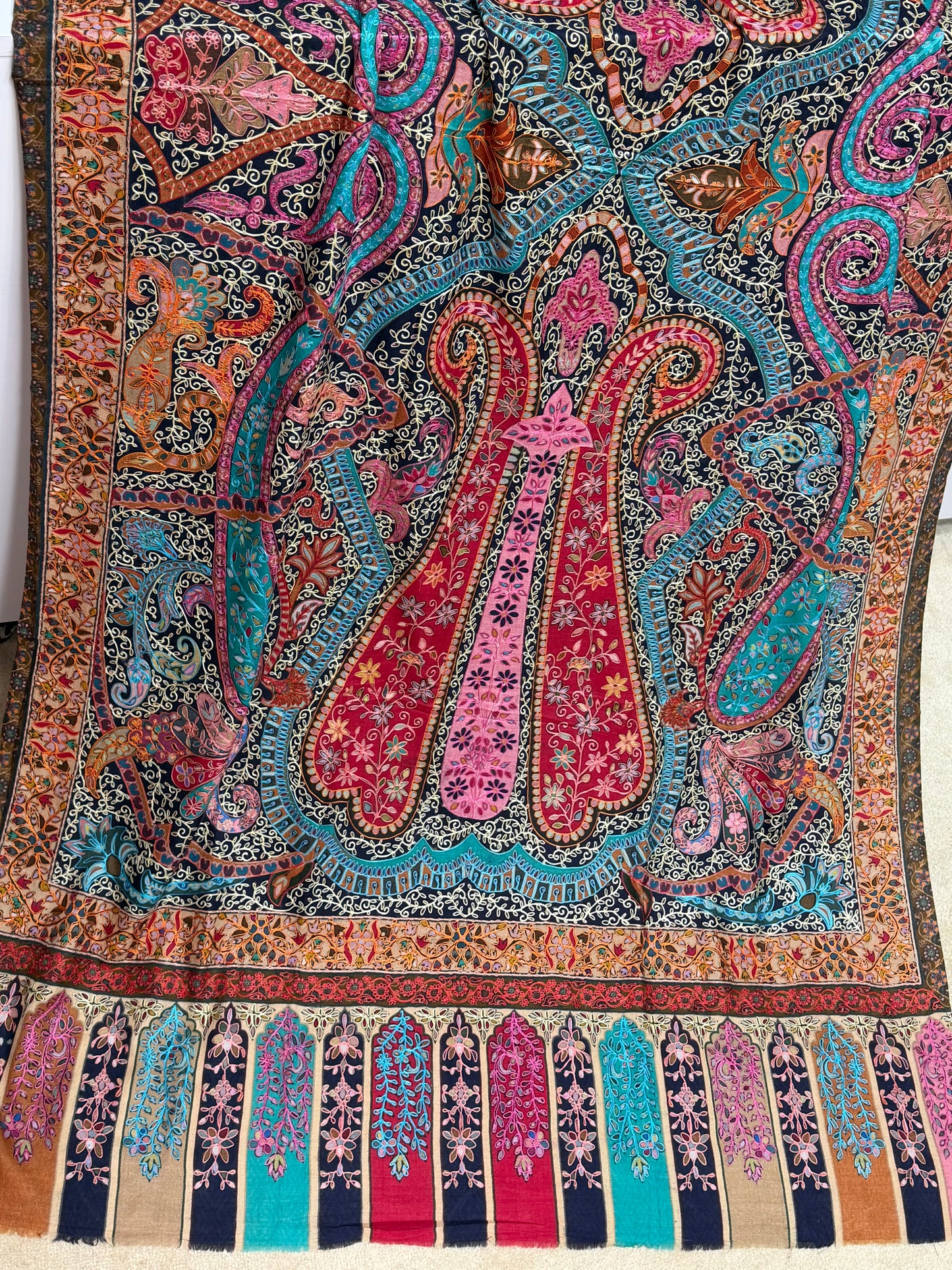 Qalamkar Shawl on Toosh Base | Made in Kashmir Multicolor Floral Design | QM101
