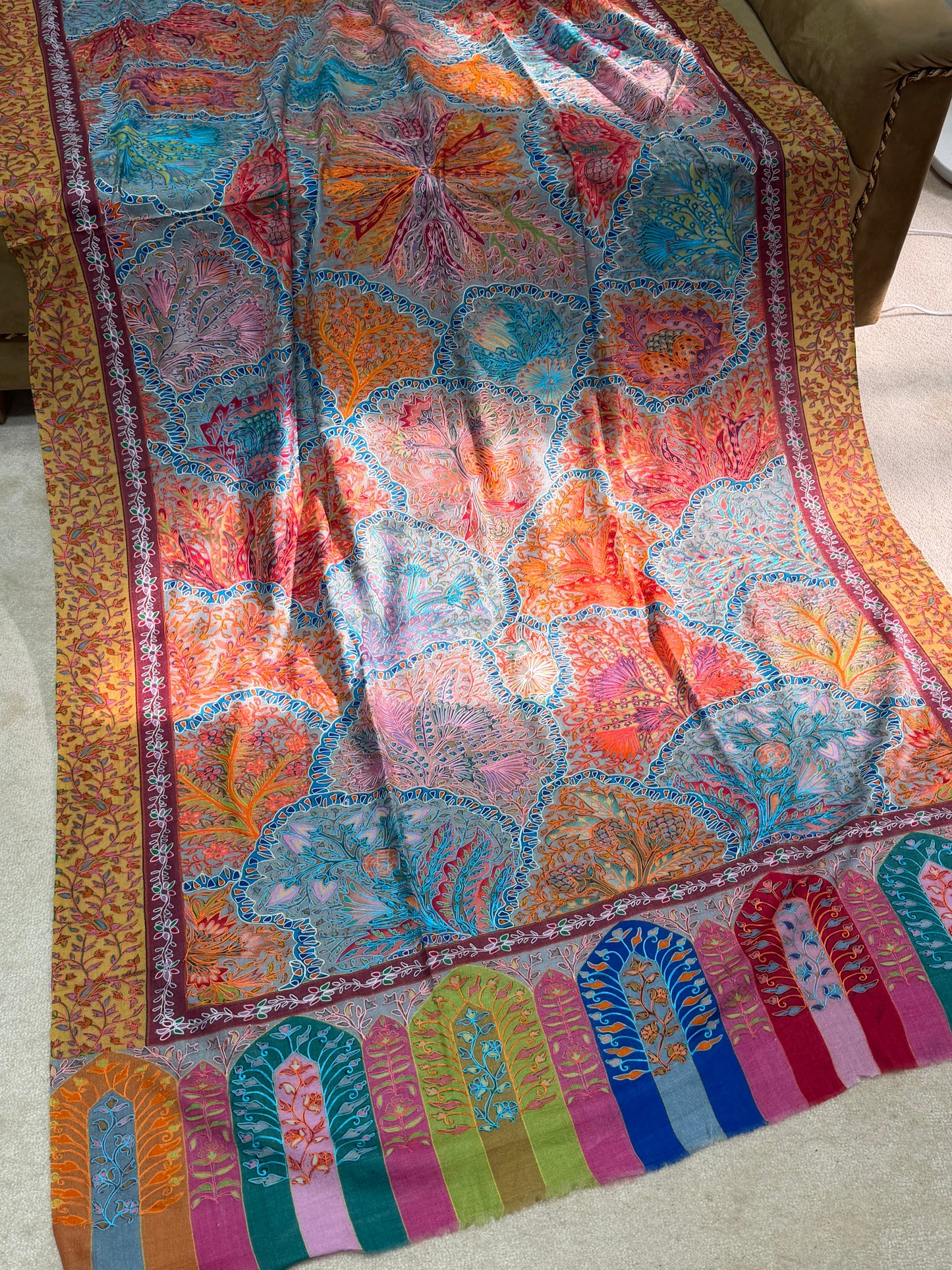 Qalamkar Shawl on Toosh Base | Made in Kashmir Multicolor Floral Design | QM102