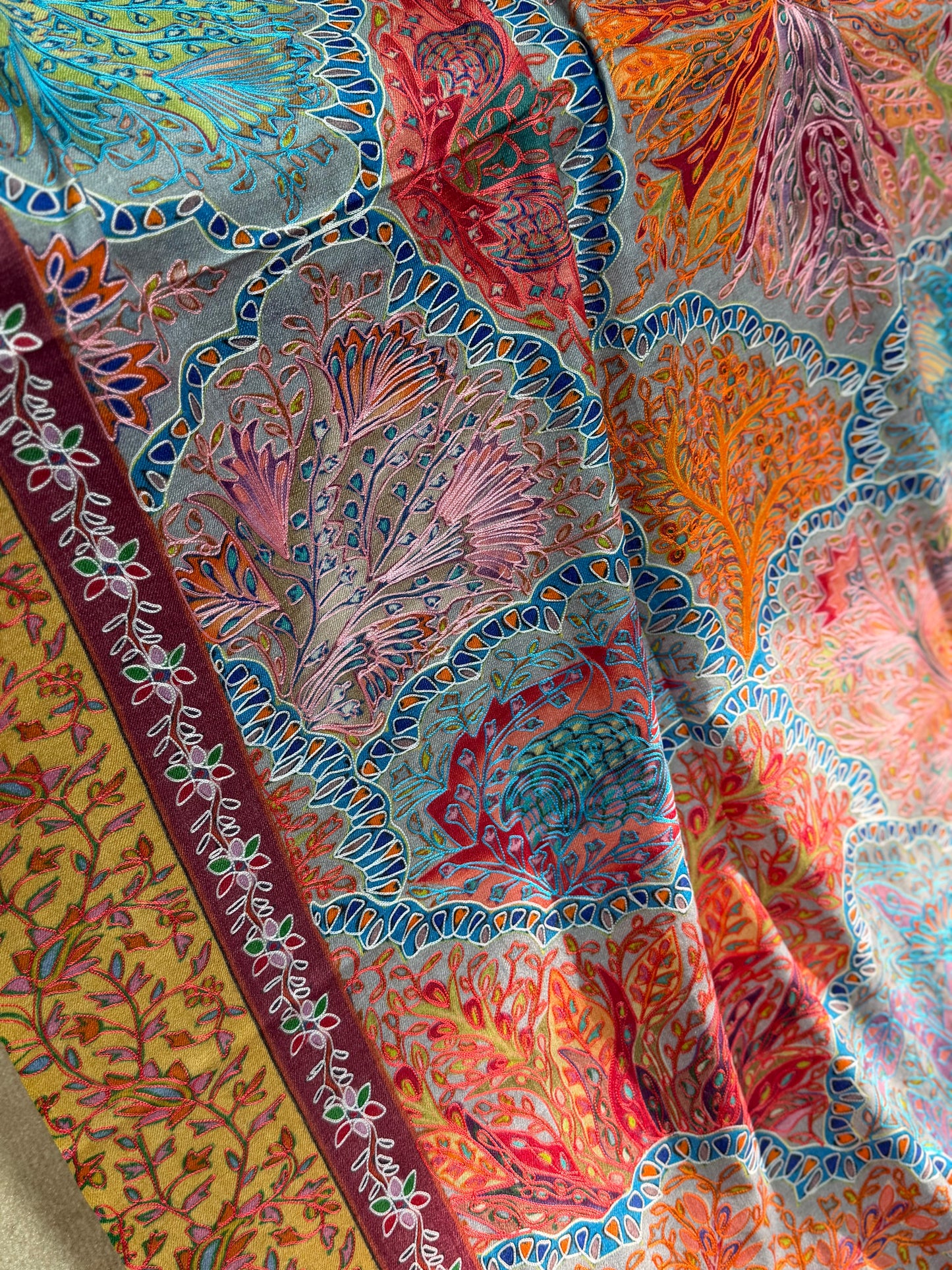 Qalamkar Shawl on Toosh Base | Made in Kashmir Multicolor Floral Design | QM102