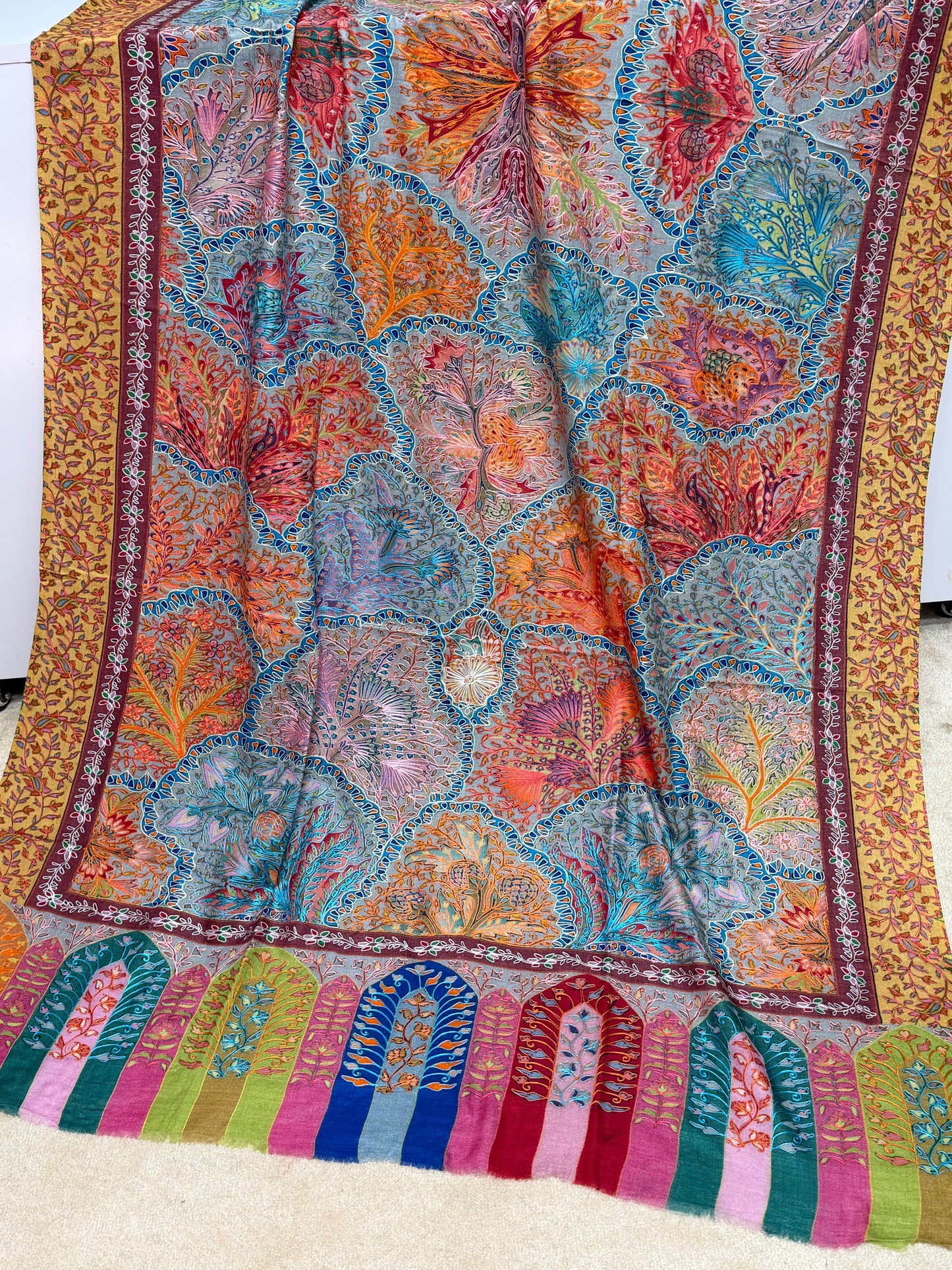 Qalamkar Shawl on Toosh Base | Made in Kashmir Multicolor Floral Design | QM102