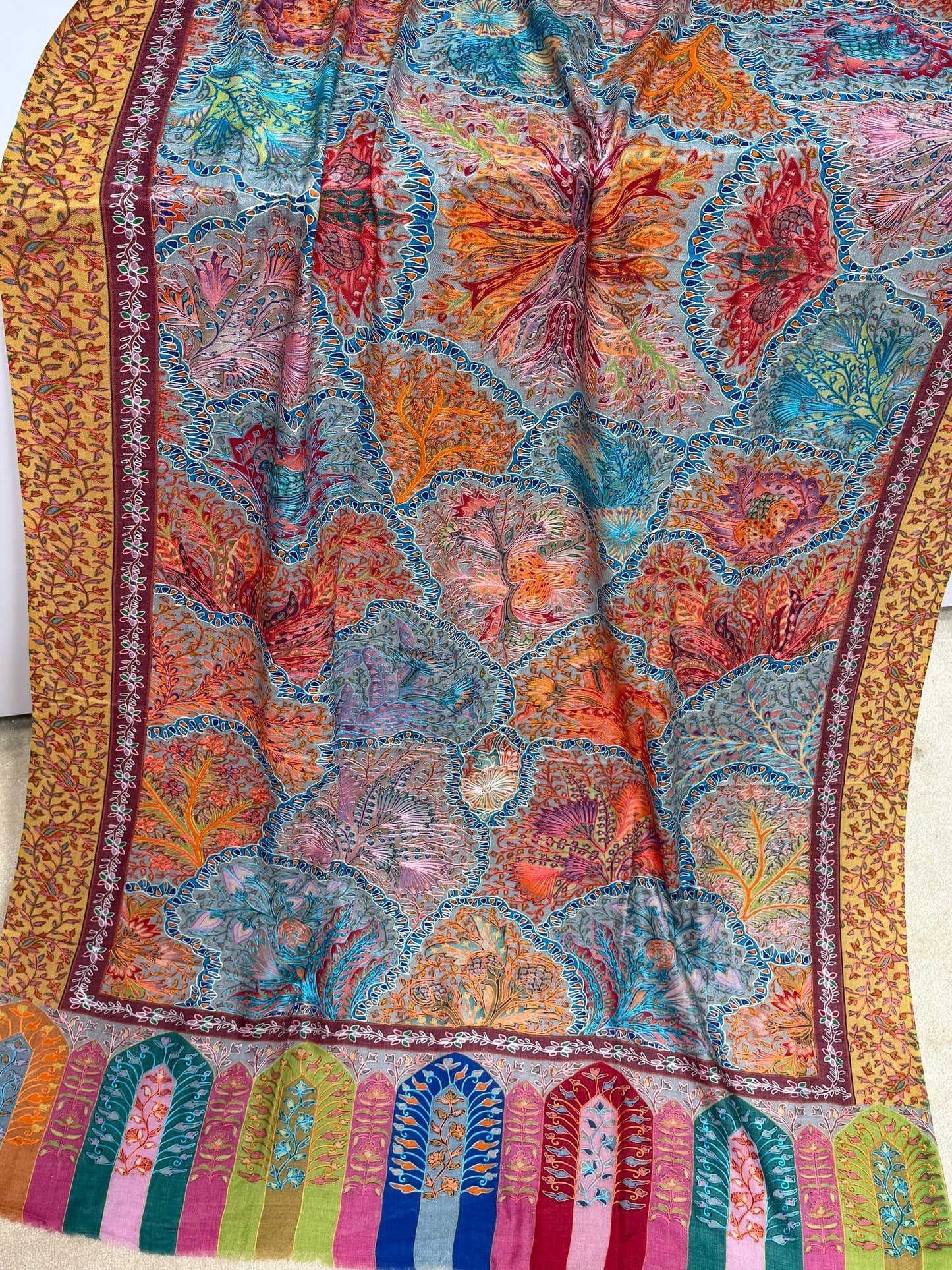 Qalamkar Shawl on Toosh Base | Made in Kashmir Multicolor Floral Design | QM102