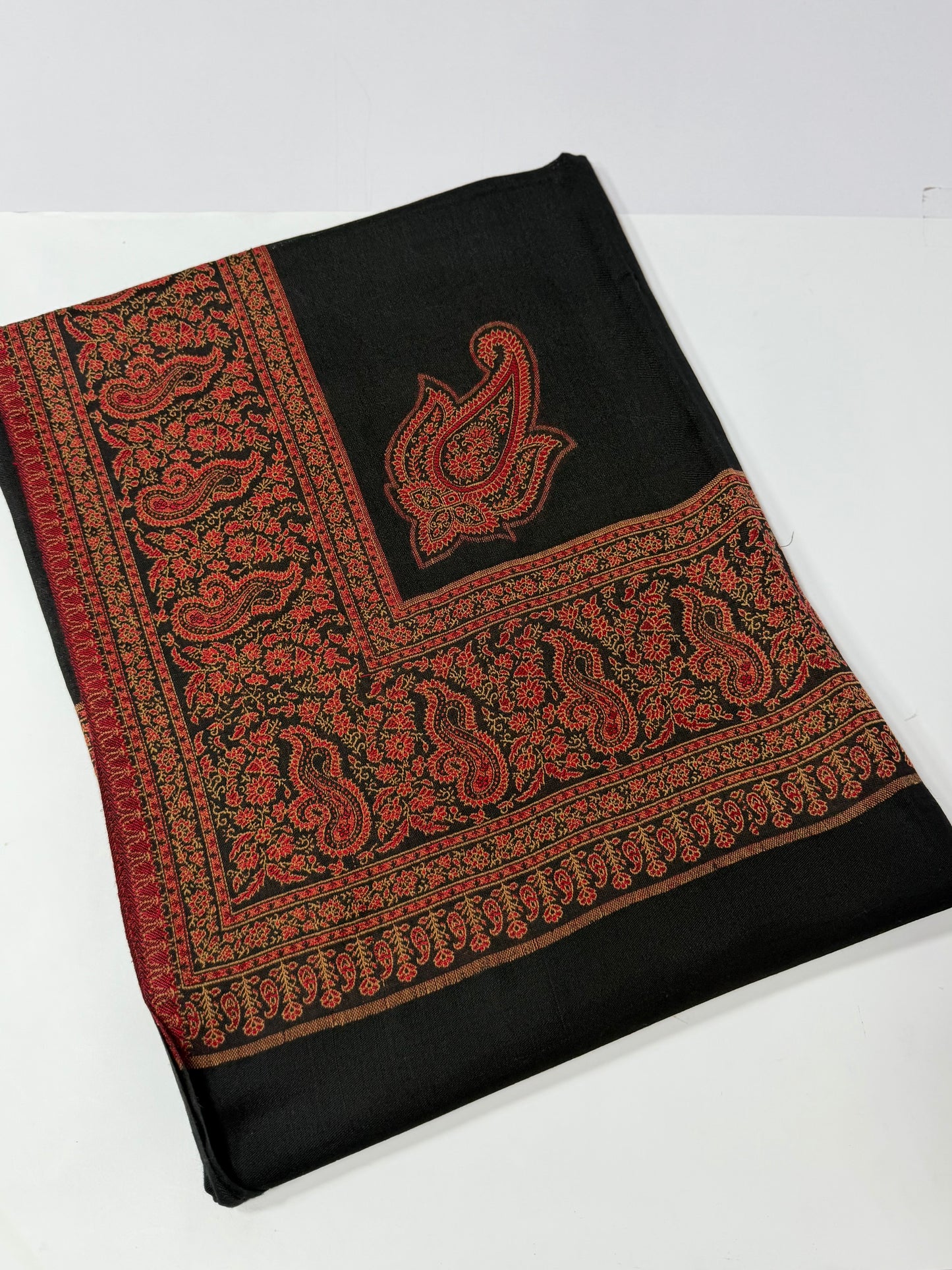 Pashmina Wool Kani Border Shawl in Full Size 4 Side Border | Black