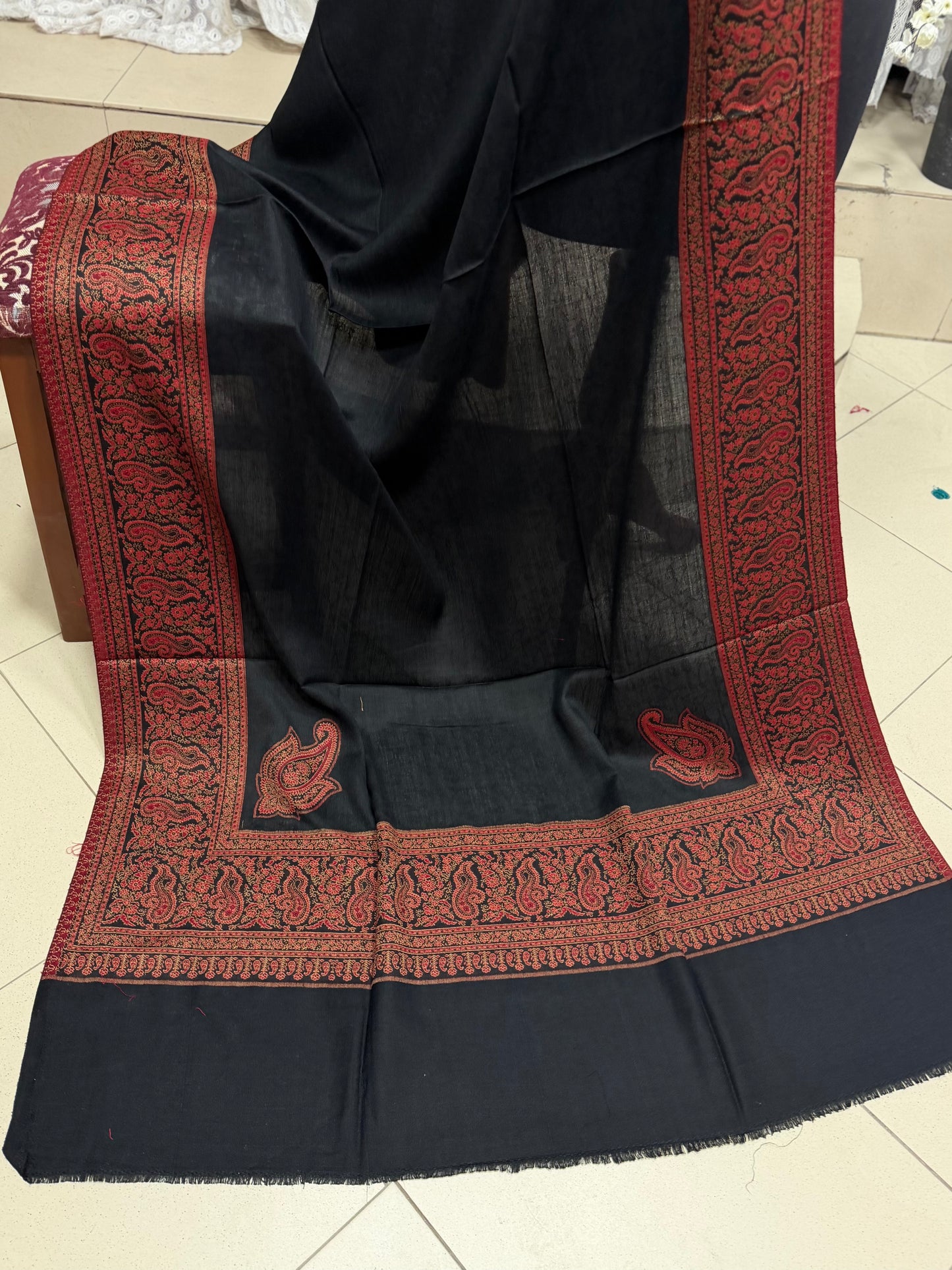 Pashmina Wool Kani Border Shawl in Full Size 4 Side Border | Black