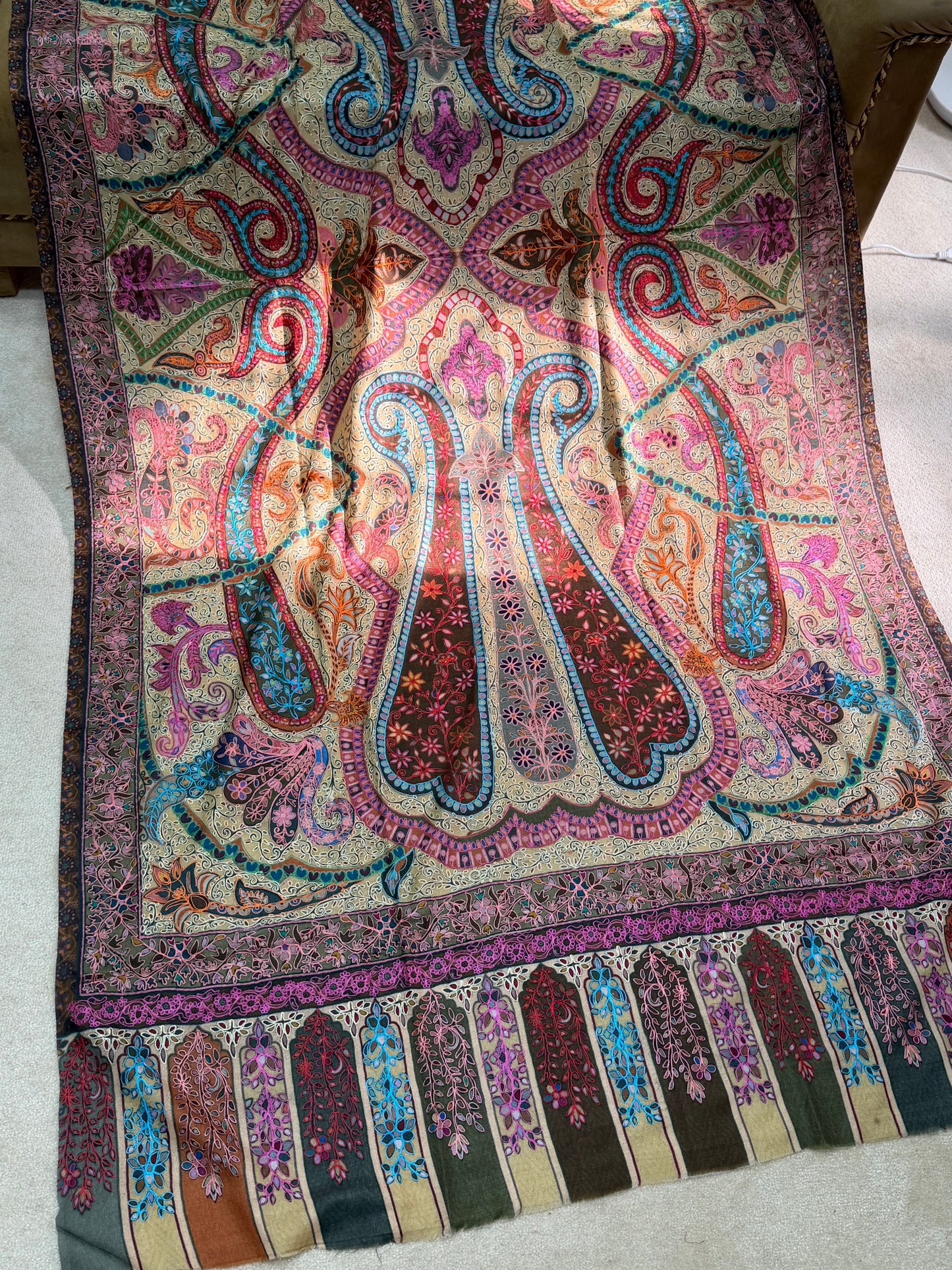 Qalamkar Shawl on Toosh Base | Made in Kashmir Multicolor Floral Design | QM105