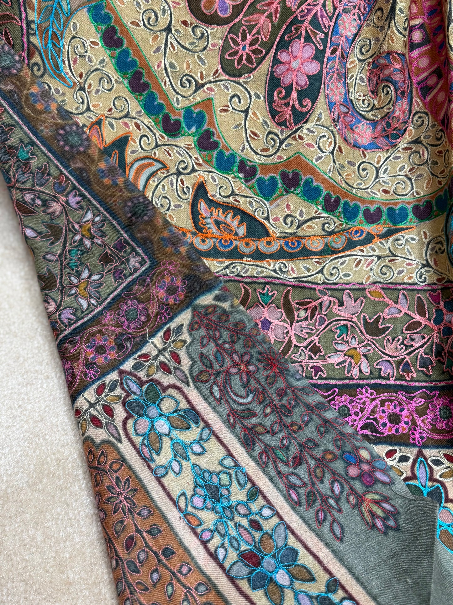 Qalamkar Shawl on Toosh Base | Made in Kashmir Multicolor Floral Design | QM105