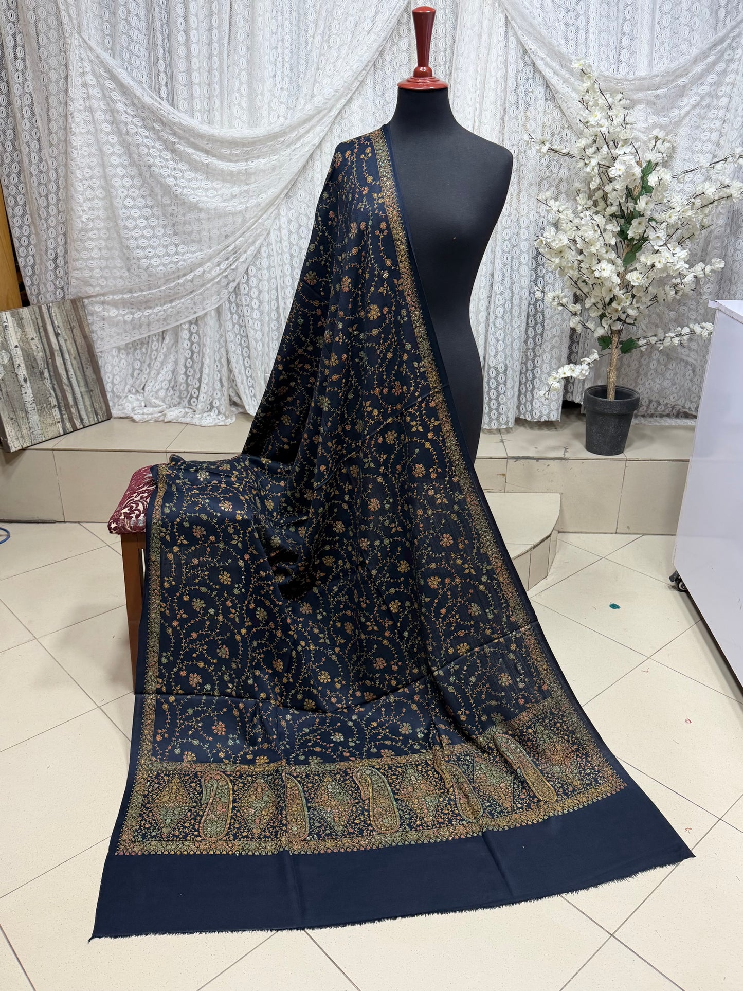 Pashmina Shawl | Hand Embroidery on Print Beautiful Shawl | Navy Blue