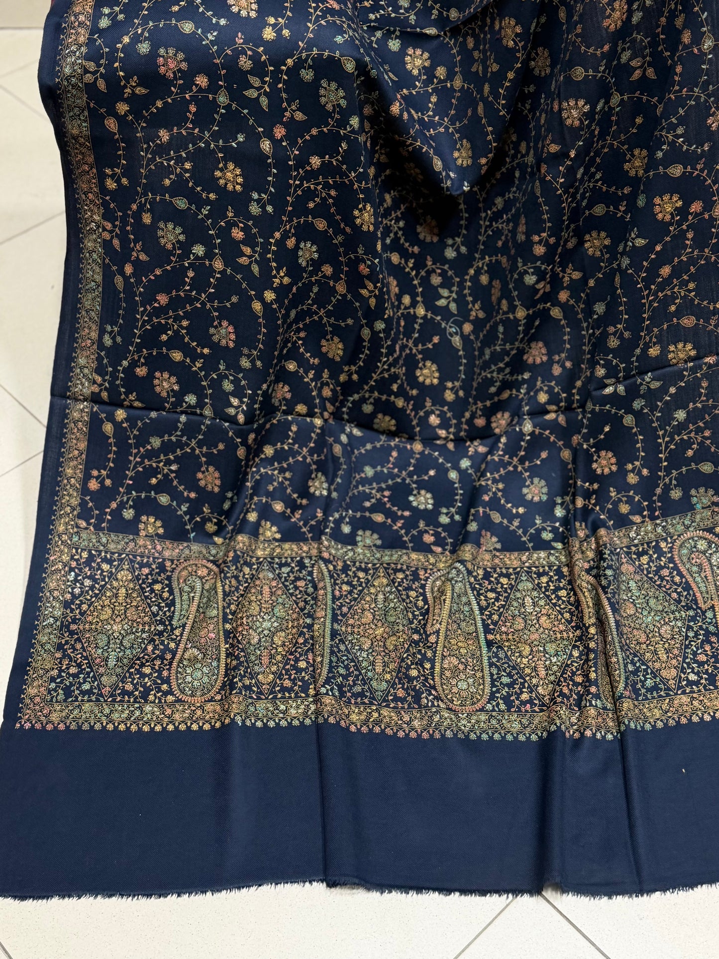 Pashmina Shawl | Hand Embroidery on Print Beautiful Shawl | Navy Blue