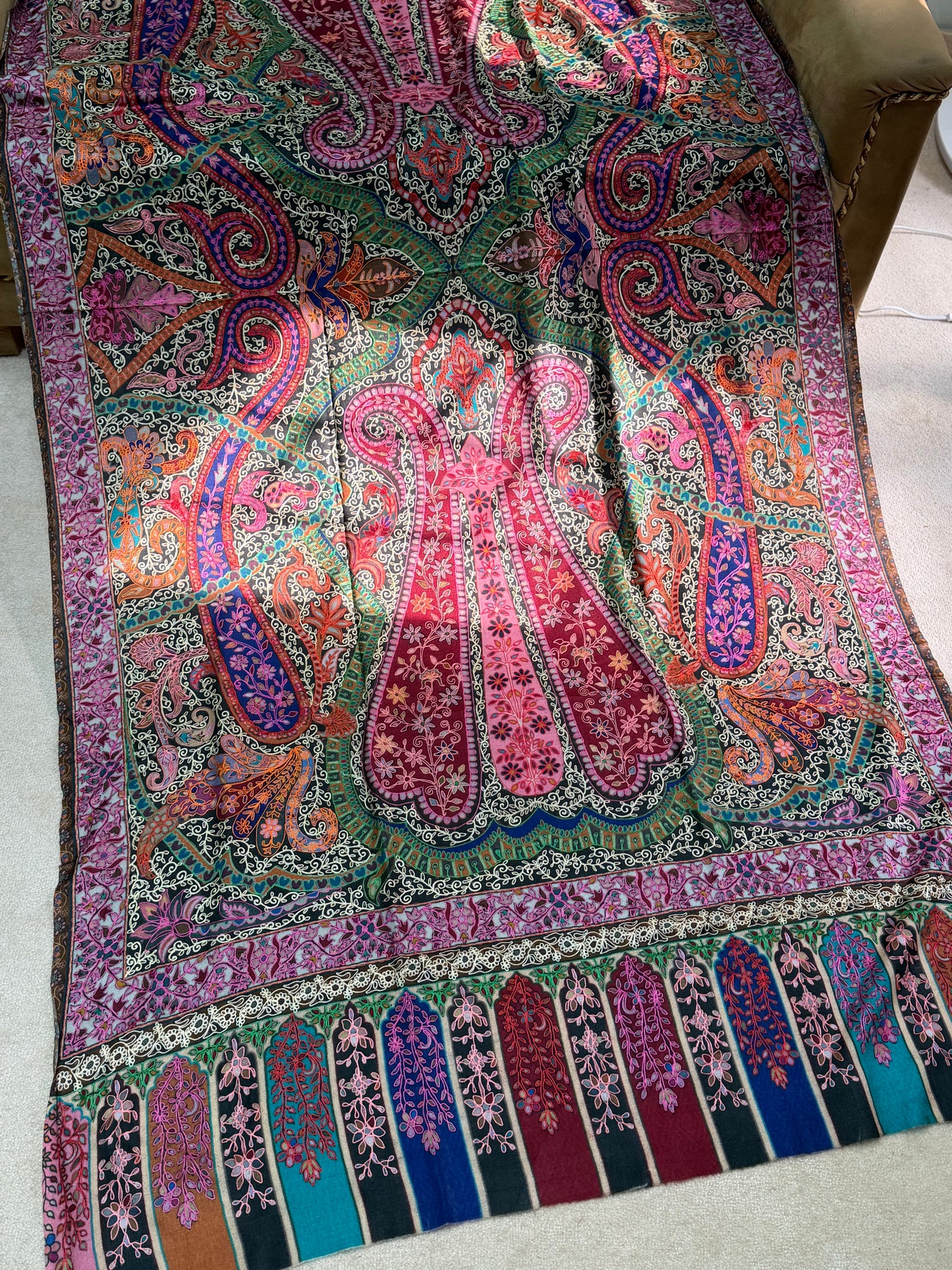Qalamkar Shawl on Toosh Base | Made in Kashmir Multicolor Floral Design | QM106