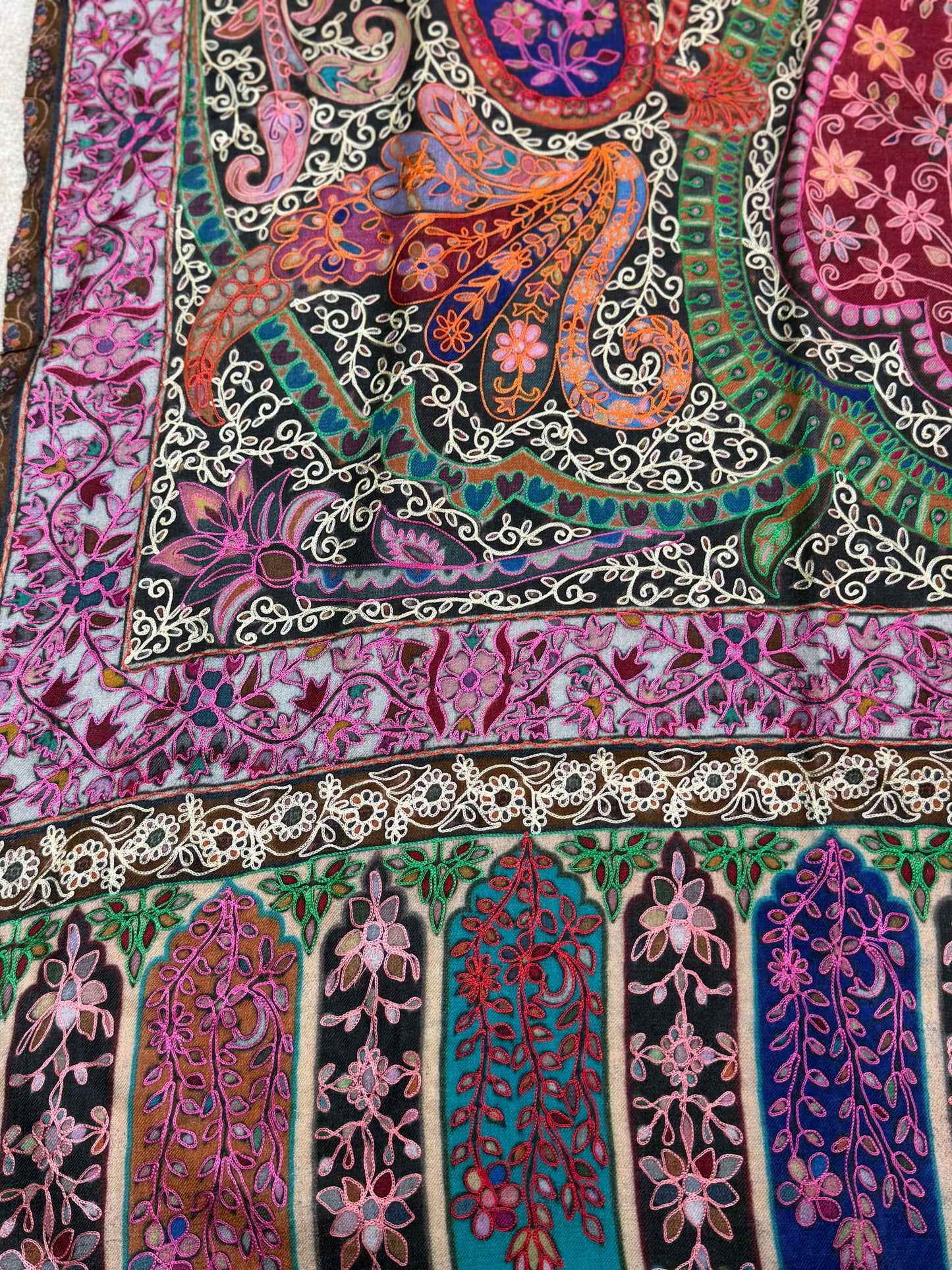 Qalamkar Shawl on Toosh Base | Made in Kashmir Multicolor Floral Design | QM106