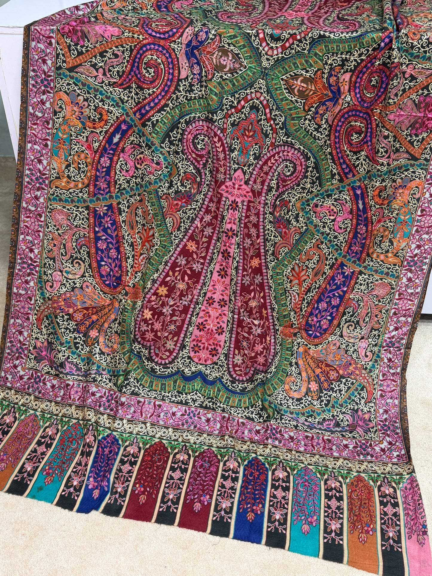 Qalamkar Shawl on Toosh Base | Made in Kashmir Multicolor Floral Design | QM106