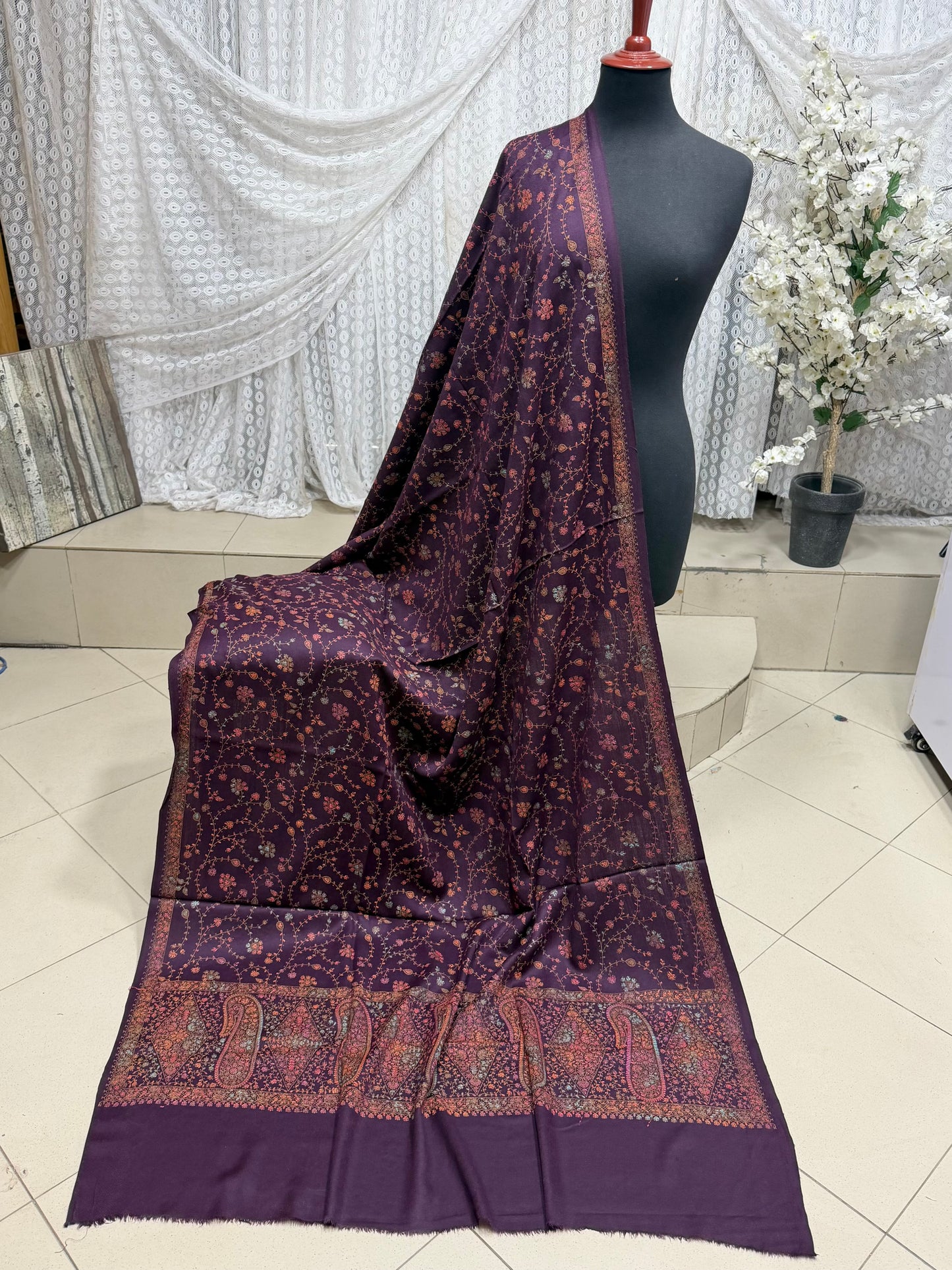 Pashmina Shawl | Hand Embroidery on Print Beautiful Shawl | Dark Purple