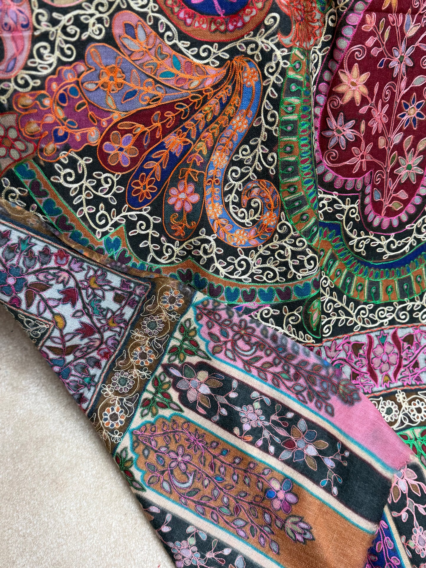 Qalamkar Shawl on Toosh Base | Made in Kashmir Multicolor Floral Design | QM106