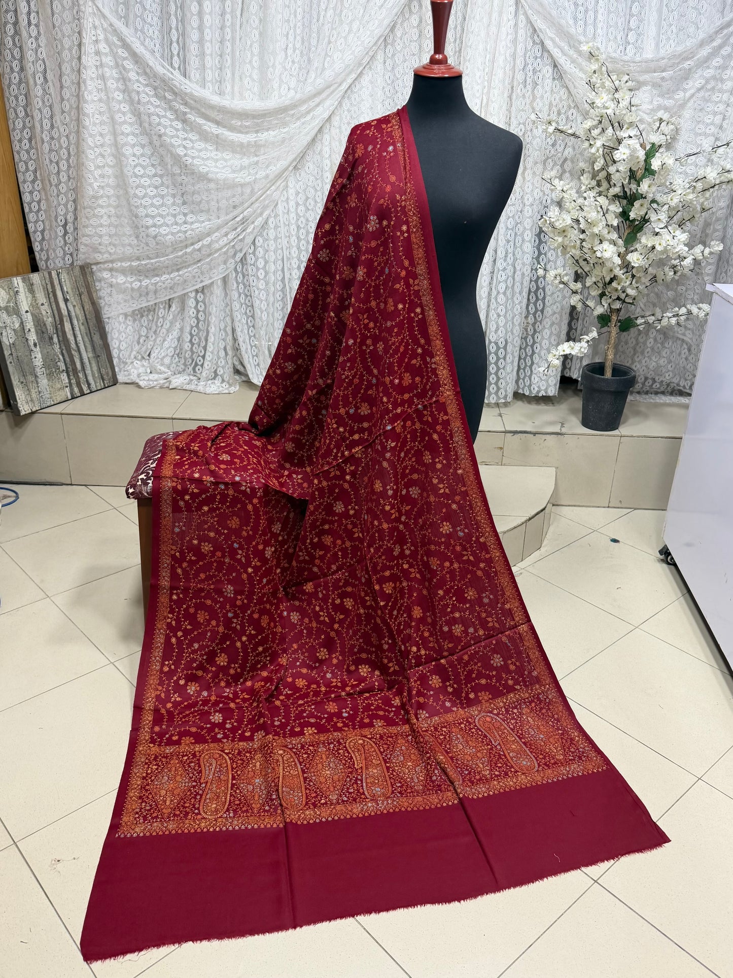 Pashmina Shawl | Hand Embroidery on Print Beautiful Shawl | Maroon