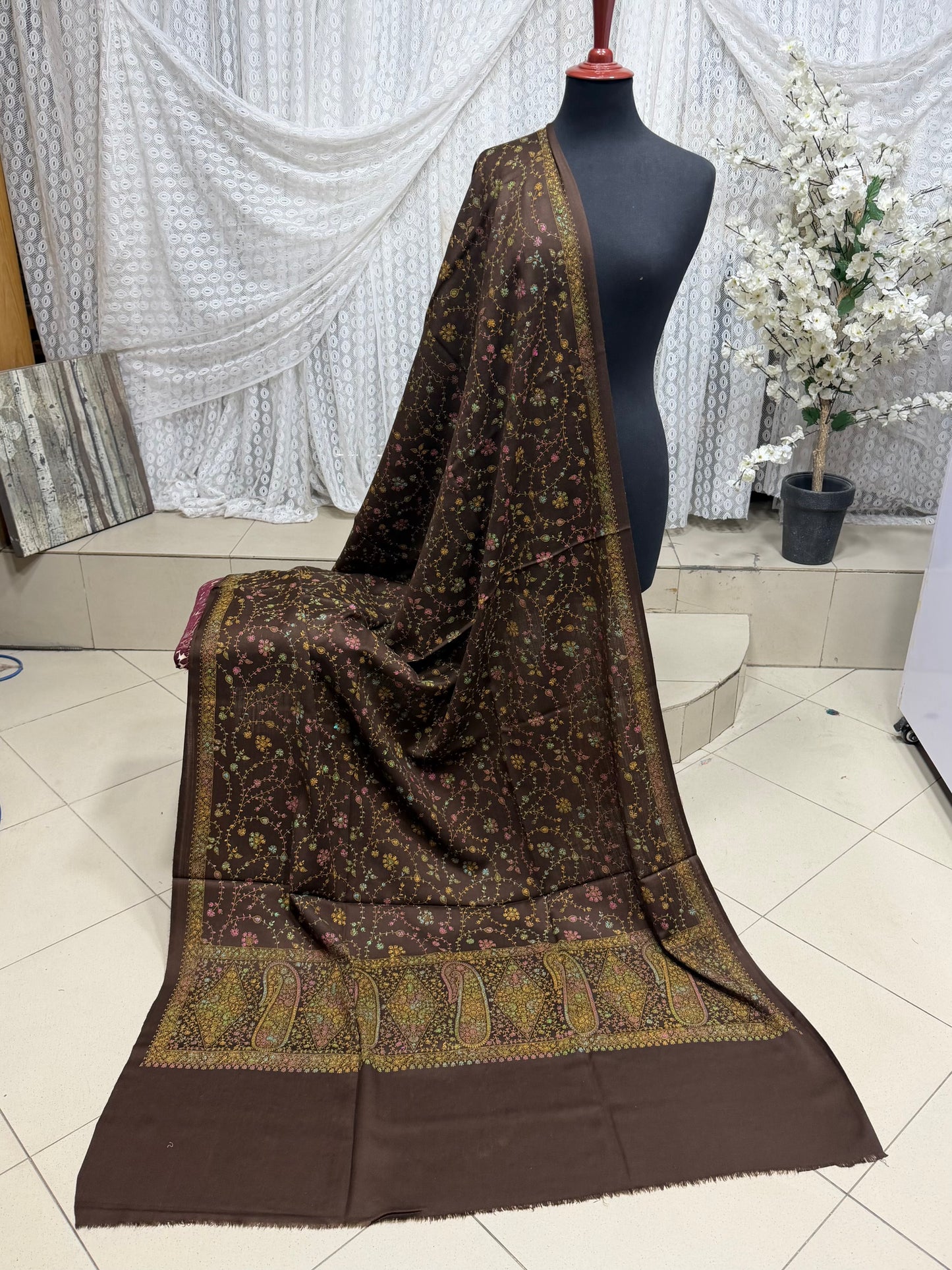 Pashmina Shawl | Hand Embroidery on Print Beautiful Shawl | Brown
