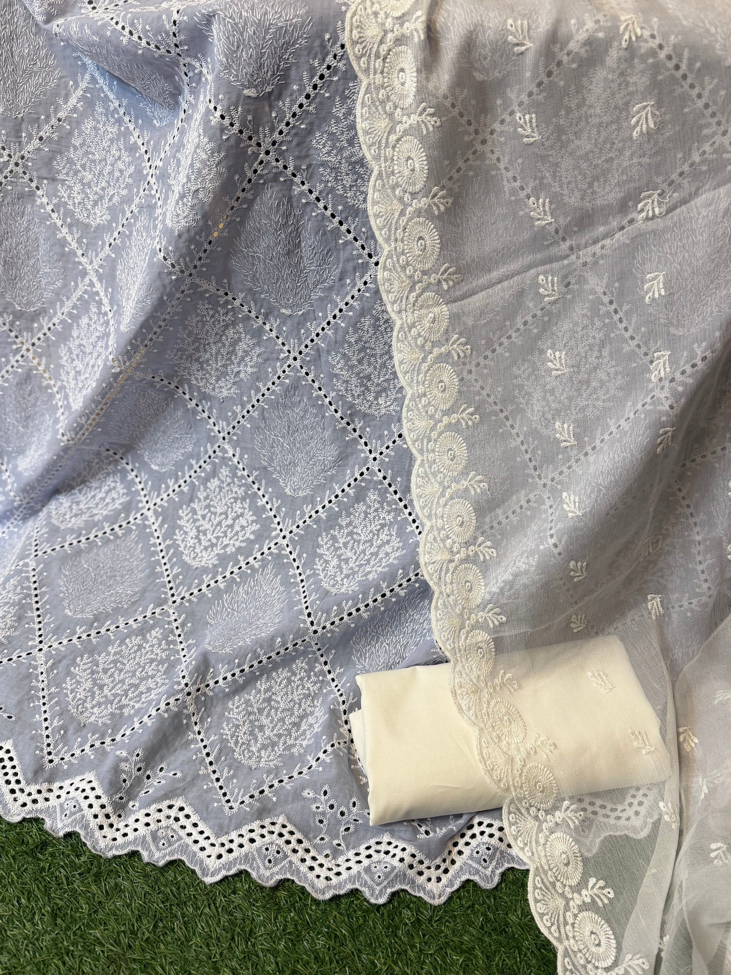 3 Piece Chikankari Suit | Chiffon Embroidered Dupatta | Blue Grey