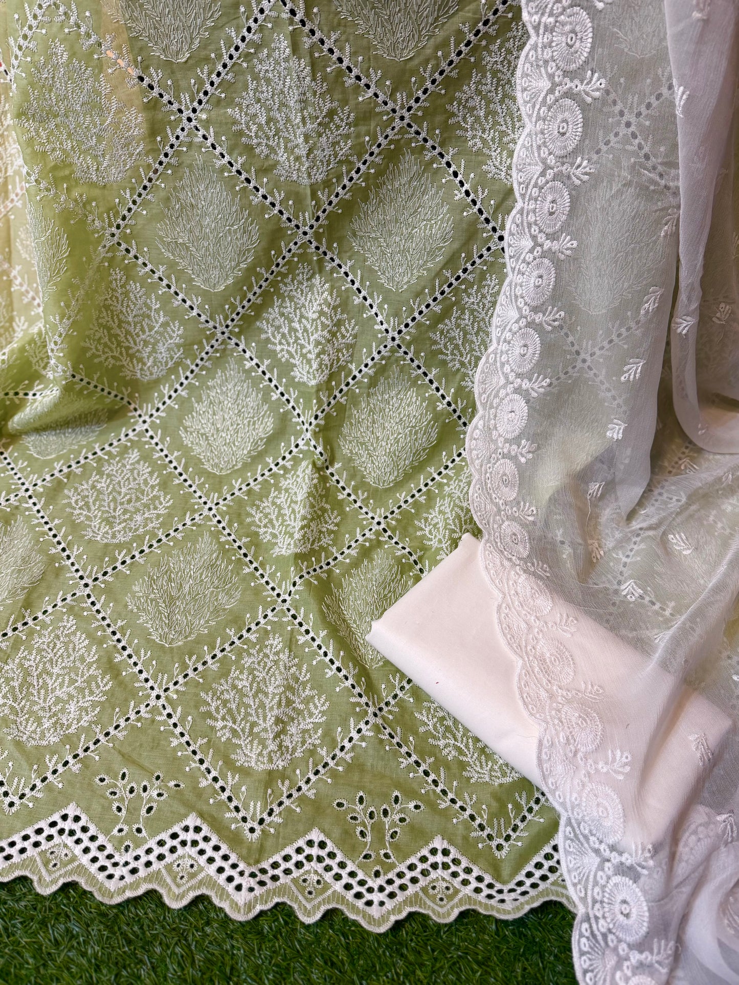 3 Piece Chikankari Suit | Chiffon Embroidered Dupatta | Apple Green