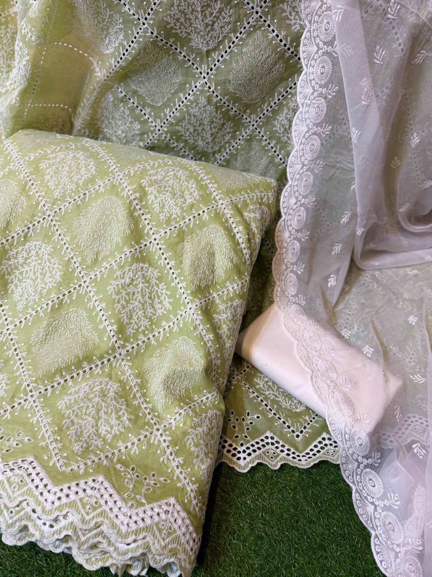 3 Piece Chikankari Suit | Chiffon Embroidered Dupatta | Apple Green