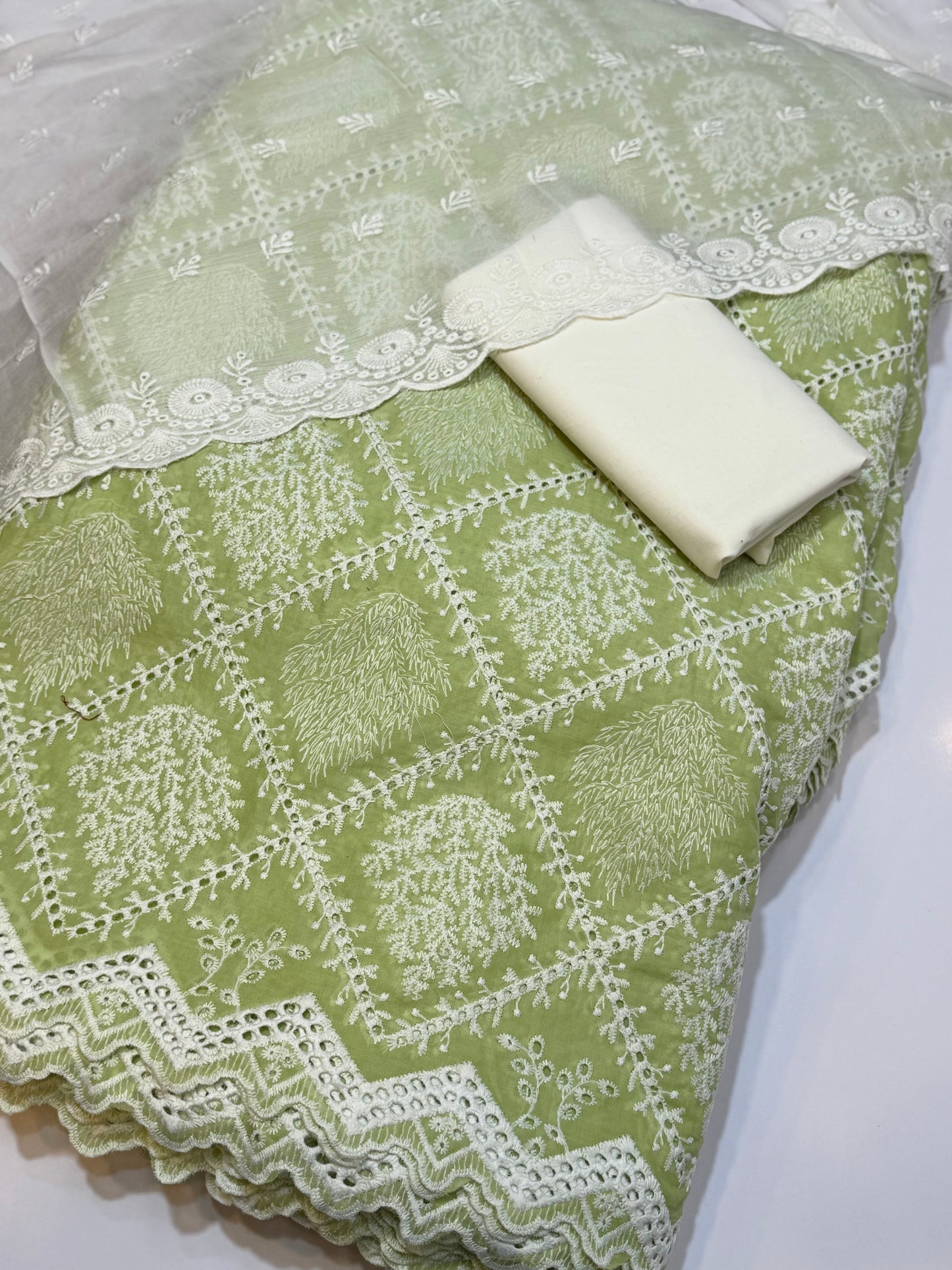 3 Piece Chikankari Suit | Chiffon Embroidered Dupatta | Apple Green