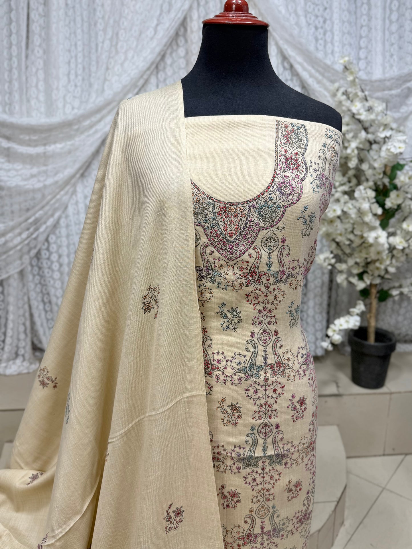 Pashmina 3 Piece Suit | Hand Embroidered Shawl with Embroidered Suit | Light Skin