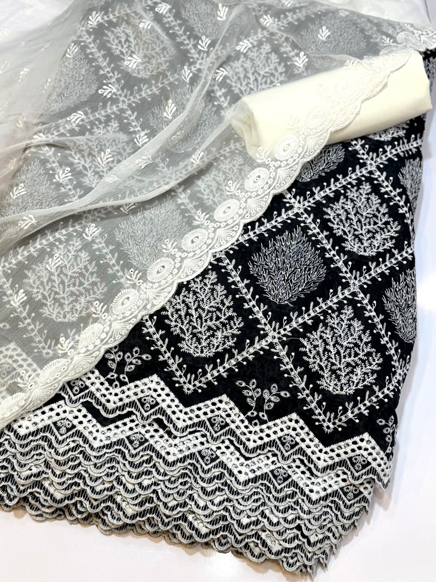 3 Piece Chikankari Suit | Chiffon Embroidered Dupatta | Black