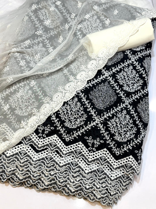 3 Piece Chikankari Suit | Chiffon Embroidered Dupatta | Black