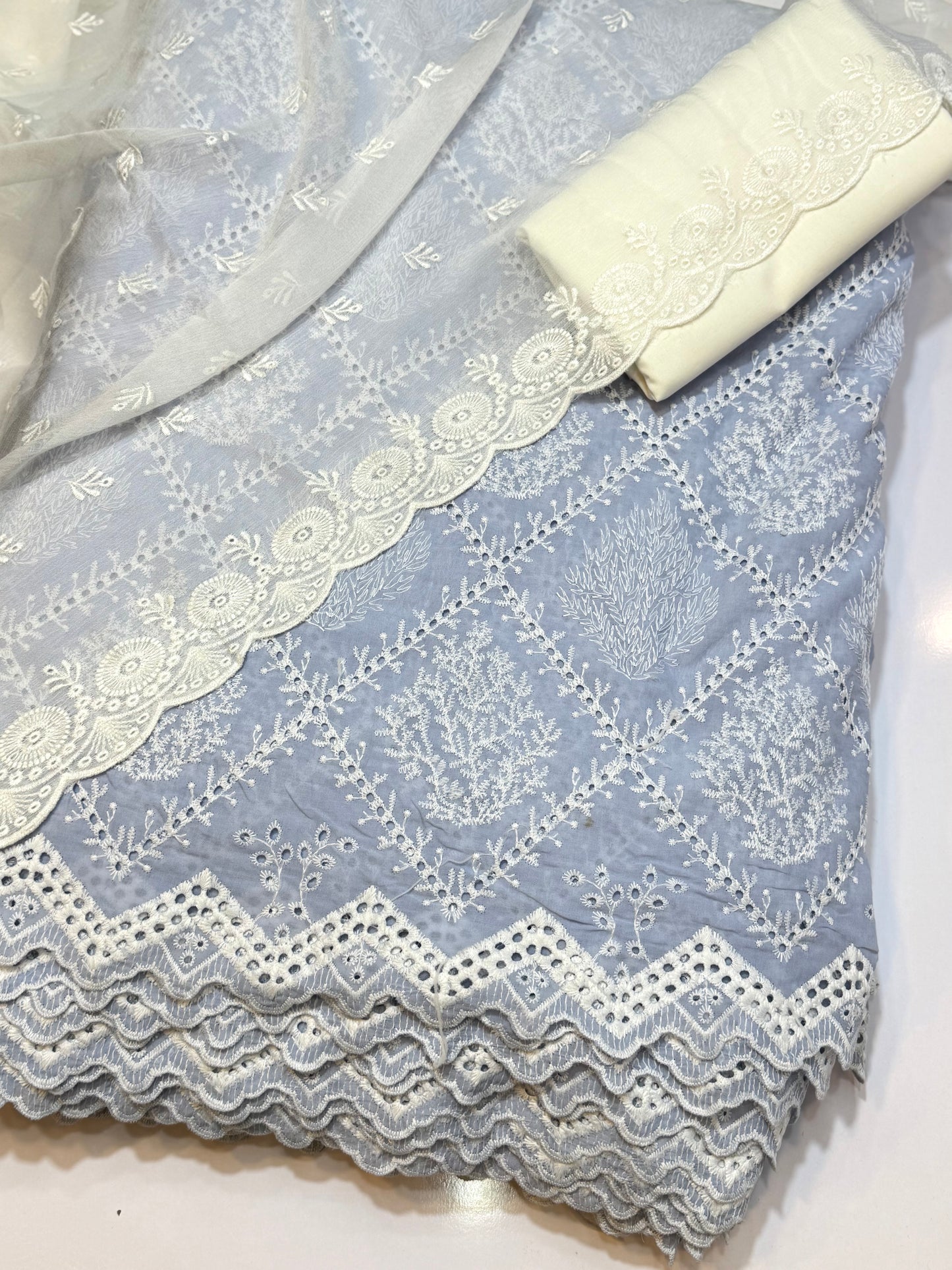 3 Piece Chikankari Suit | Chiffon Embroidered Dupatta | Blue Grey