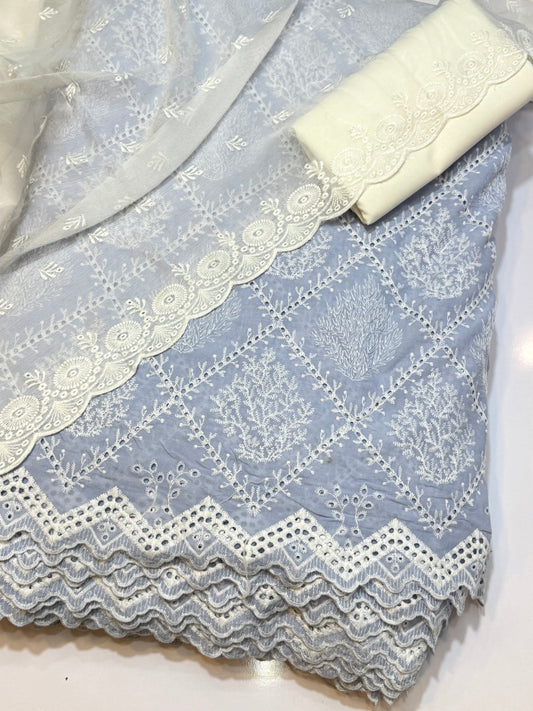 3 Piece Chikankari Suit | Chiffon Embroidered Dupatta | Blue Grey