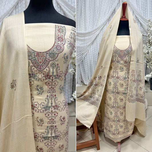 Pashmina 3 Piece Suit | Hand Embroidered Shawl with Embroidered Suit | Light Skin