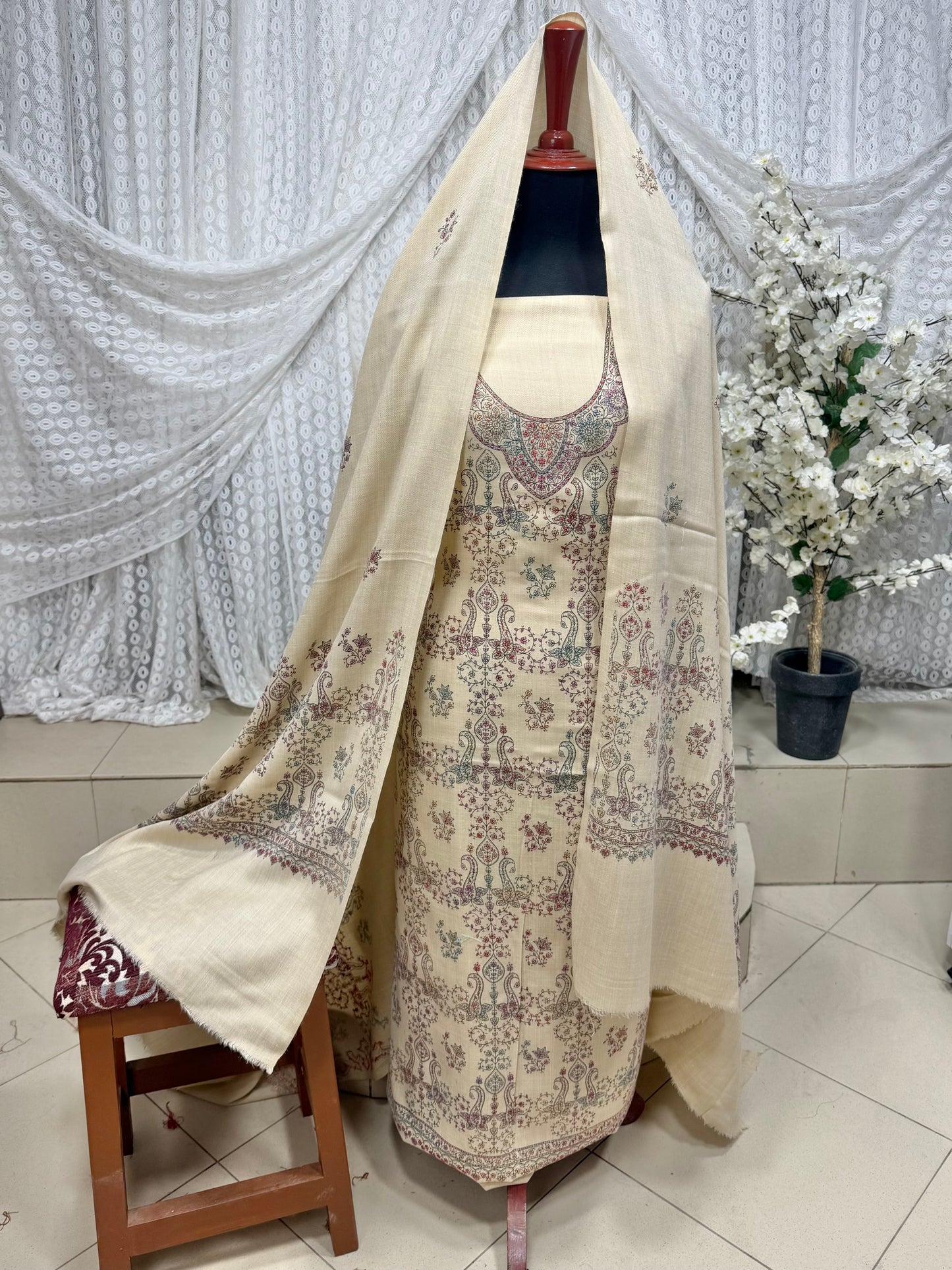 Pashmina 3 Piece Suit | Hand Embroidered Shawl with Embroidered Suit | Light Skin