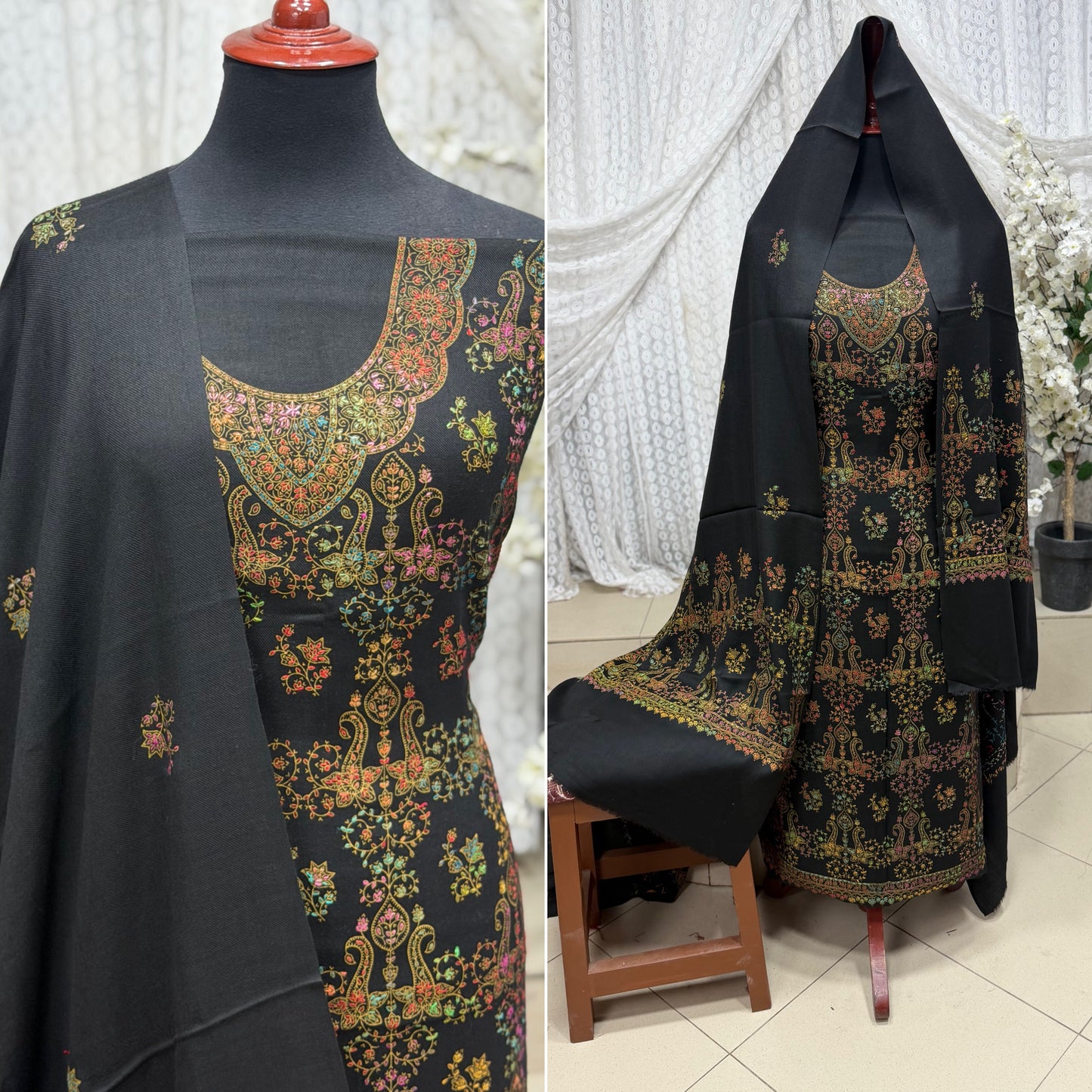 Pashmina 3 Piece Suit | Hand Embroidered Shawl with Embroidered Suit | Black