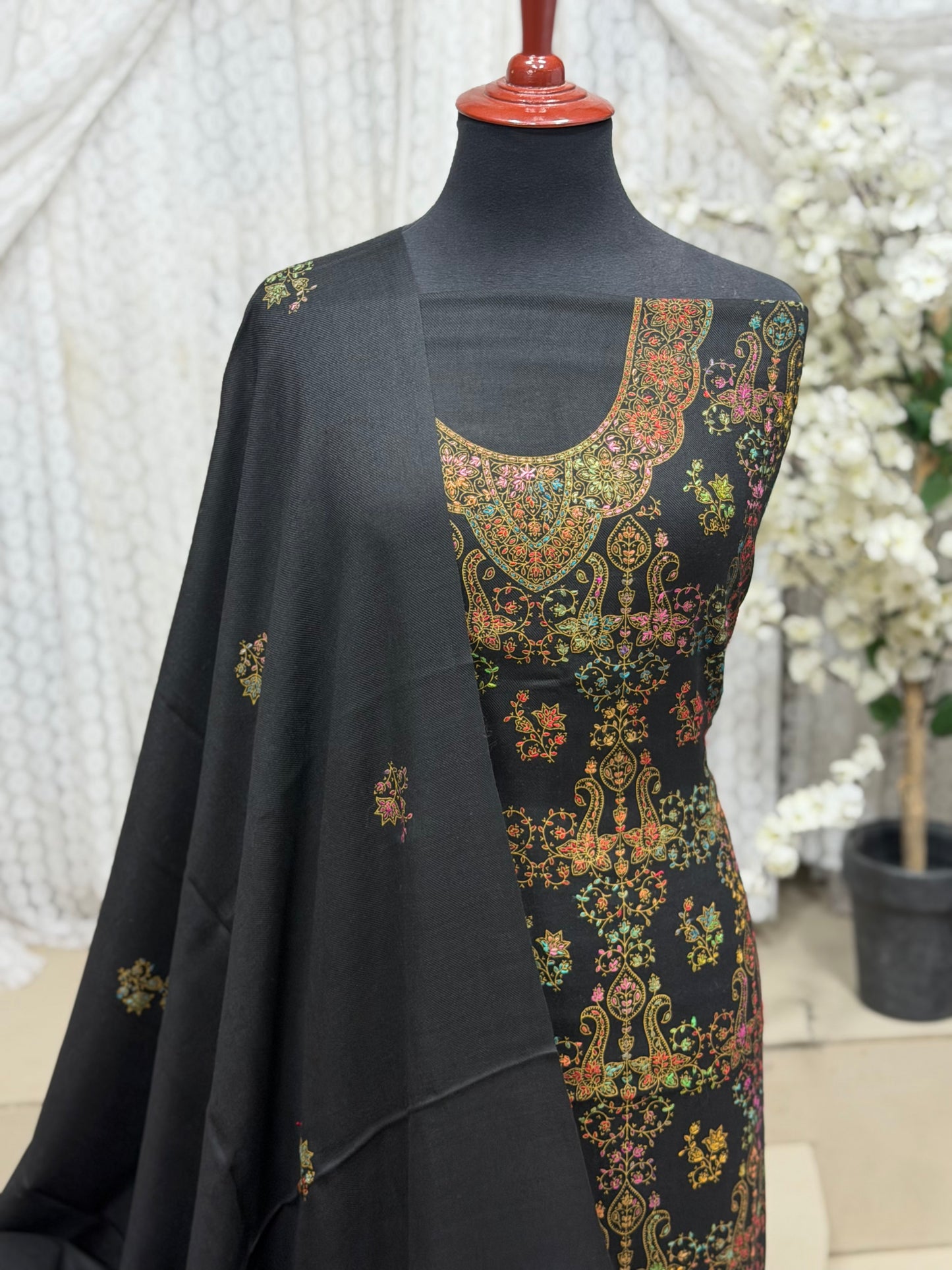 Pashmina 3 Piece Suit | Hand Embroidered Shawl with Embroidered Suit | Black